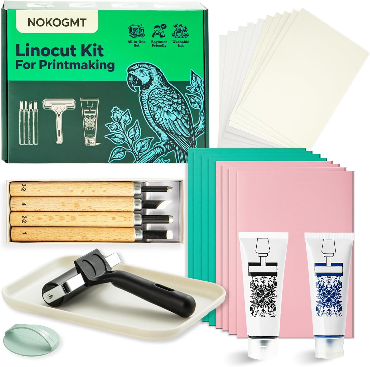 47 Pcs Linocut Kit for Printmaking, Block Printing Kit with 2 Washable Inks (Black & Blue), 4 Rubber & 4 PVC Blocks, Premium Rubber Brayer, Linocut Carving Tools - Stamp Making Kit for Beginners