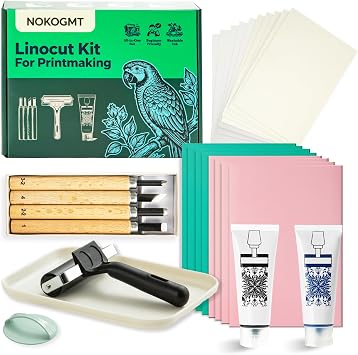 47 Pcs Linocut Kit for Printmaking, Block Printing Kit with 2 Washable Inks Black & Blue, 4 Rubber & 4 PVC Blocks, Premium Rubber Brayer, Linocut Carving Tools - Stamp Making Kit for Beginners