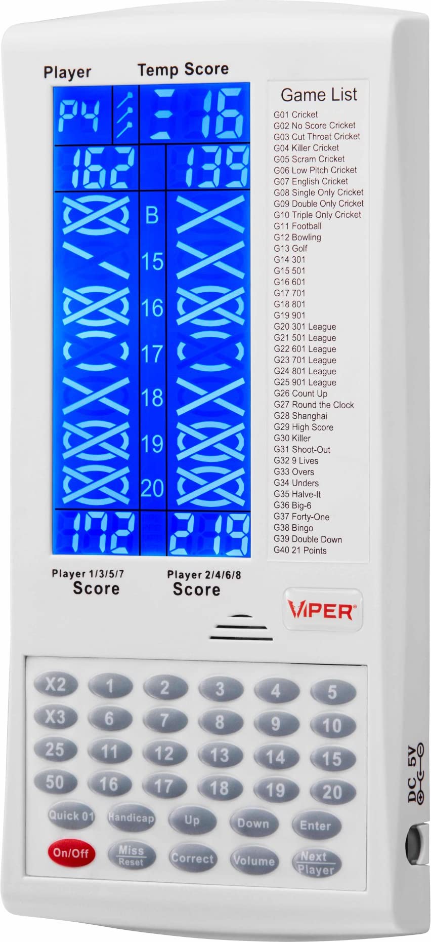 Viper, tabellone segnapunti elettronico ProScore per freccette digitale, per un massimo di 8 giocatori, con 40 giochi e 655 opzioni di gioco, tra cui cricket e X01
