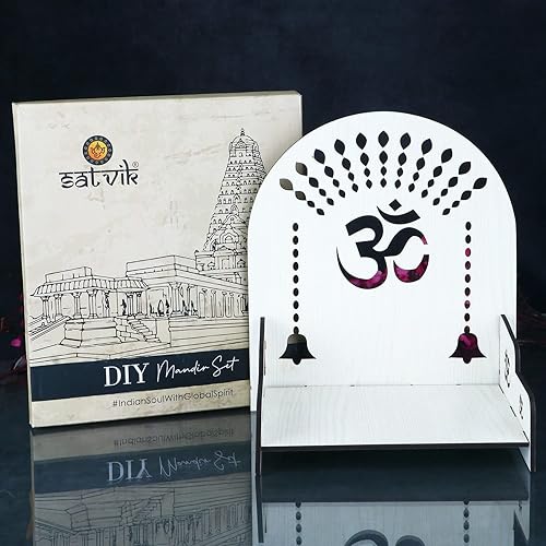 SATVIK - Juego de 1 pieza de MDF Puja Mandir, fácil de construir, diseño Om Templo Pujan Ghar, tablero de mesa Dios Sihasan indio hindú festivo,