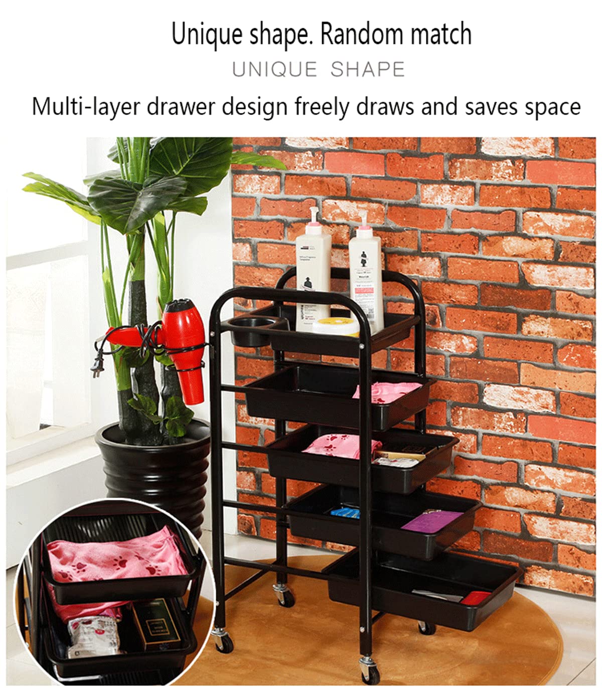 Carrello Parrucchiere con 5 Cassetti con Vassoio,Trolley di Metallo Stoccaggio con Ruote,per Barbiere Estetista Massaggi Belleza Tatuaggi Manicure Nero