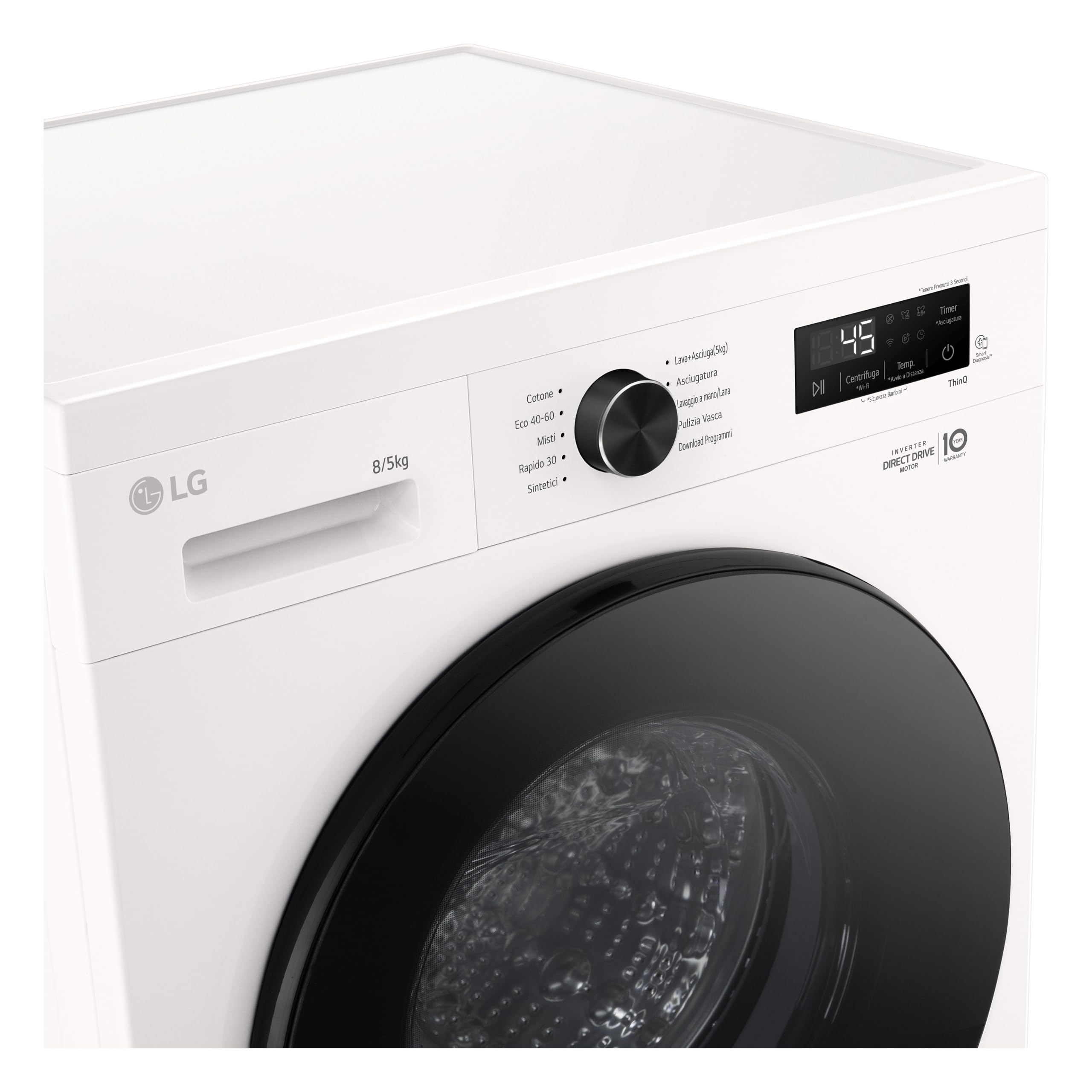 LG W4NX1085NWB Lavasciuga 8/5kg Serie X1, Lavatrice e Asciugatrice Insieme Classe A/E, 1400 Giri, Wi-Fi, Top Rimovibile, Vapore Allergy Care, Tecnologia 6 Motion Direct Drive, Bianca