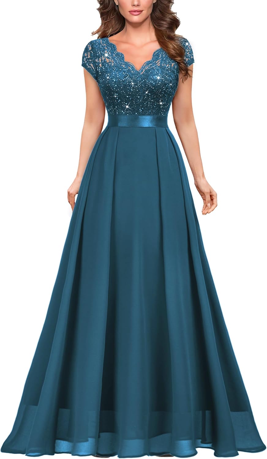 Miusol Women's Elegant V-Neck Cap Sleeve Sequined Floral Lace Formal Party Maxi Dress