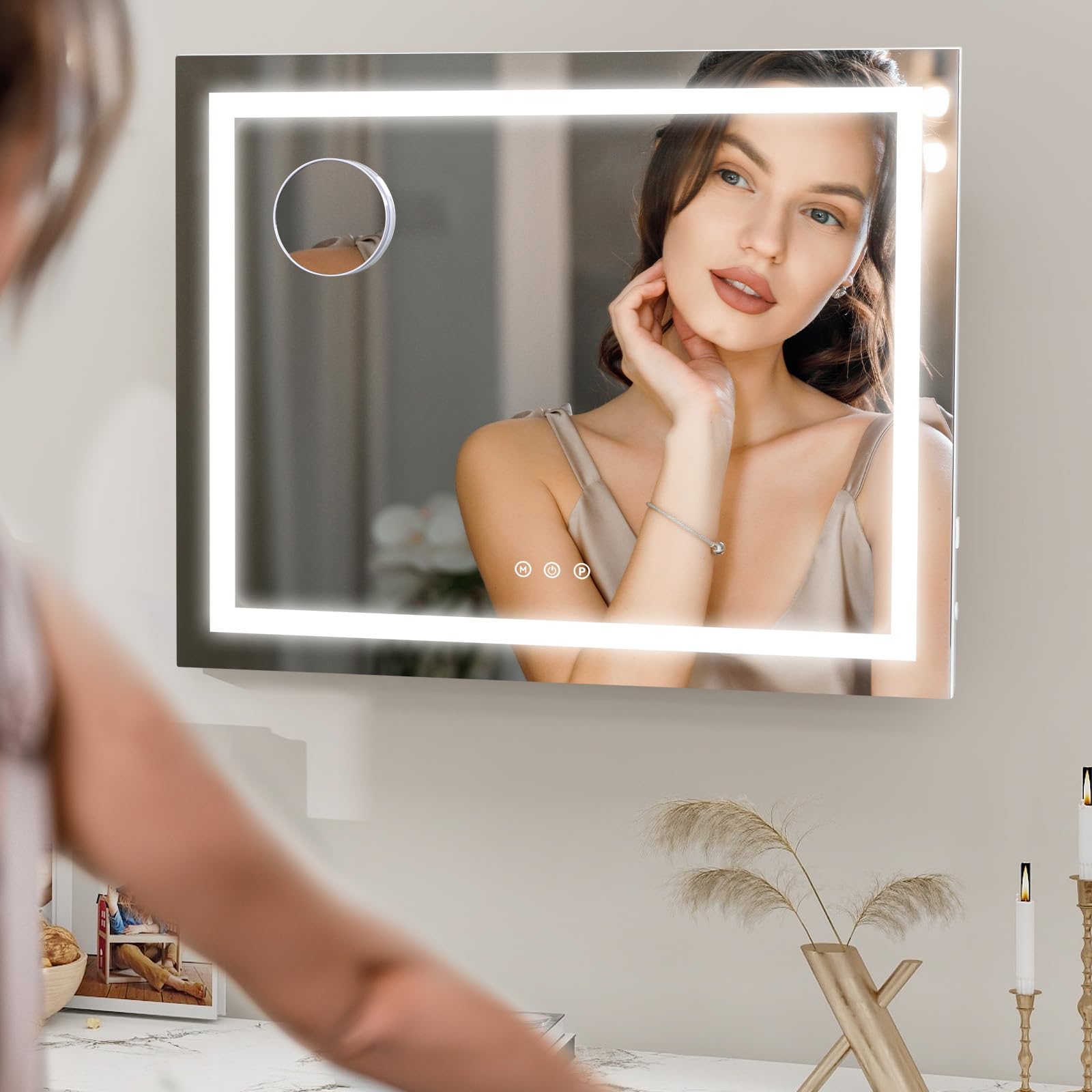 YOURLITE Miroir Maquillage Lumineux 58x45cm, Miroir LED Miroir Hollywood, 3 températures de Couleur, Touche Tactile, Port de Chargement USB, Loupe 10x, Installation Murale/sur Table pour Coiffeuse