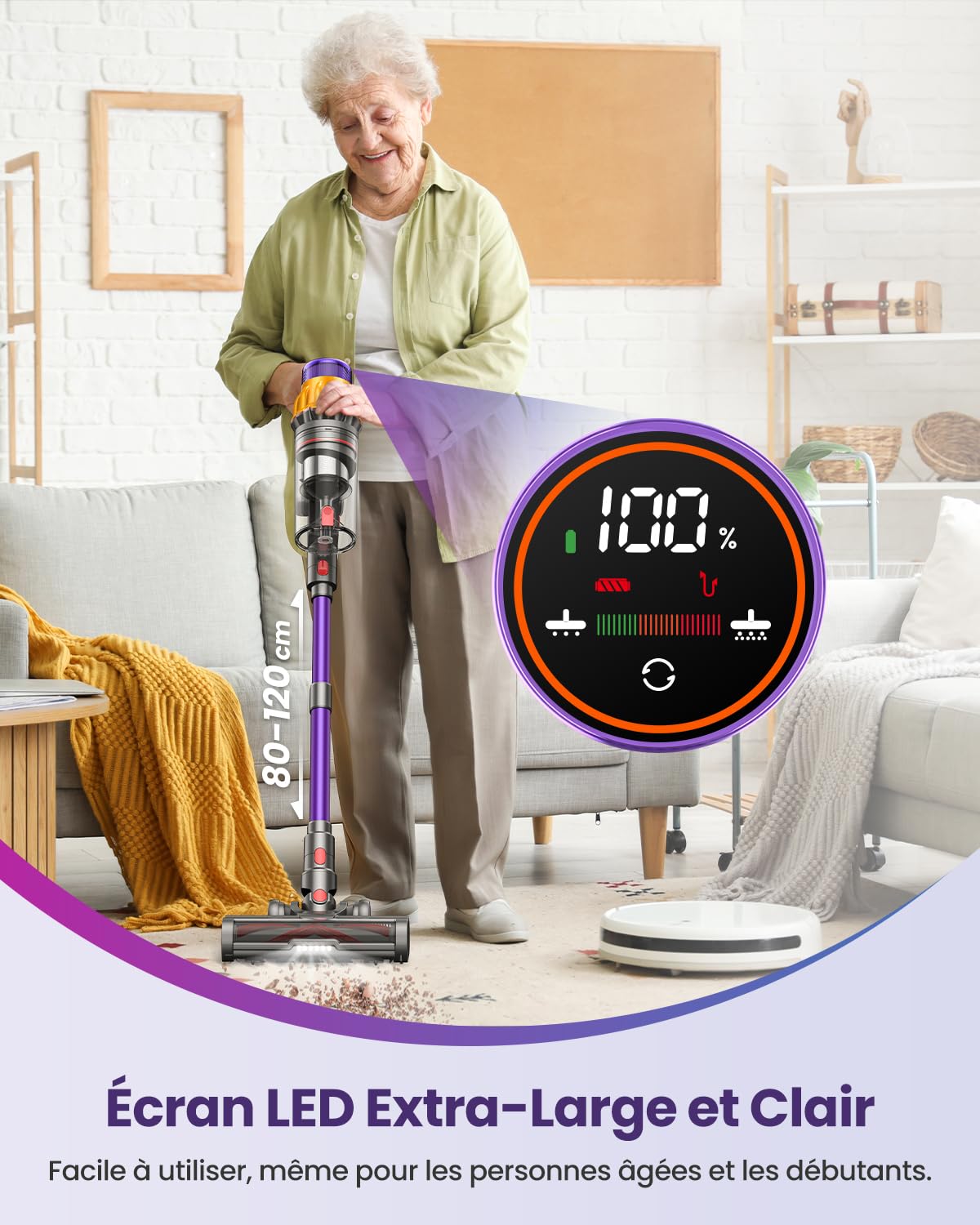 Aspirateur Balai Sans Fil avec 2 Batteries, 150Min/55KPA/600W/2.0L Aspirateur Sans Fil Puissant, Brosse Anti-Enchevêtrement/Support Mural Rechargeable/Écran LED, pour Poils d'Animaux/Tapis/Sols Durs