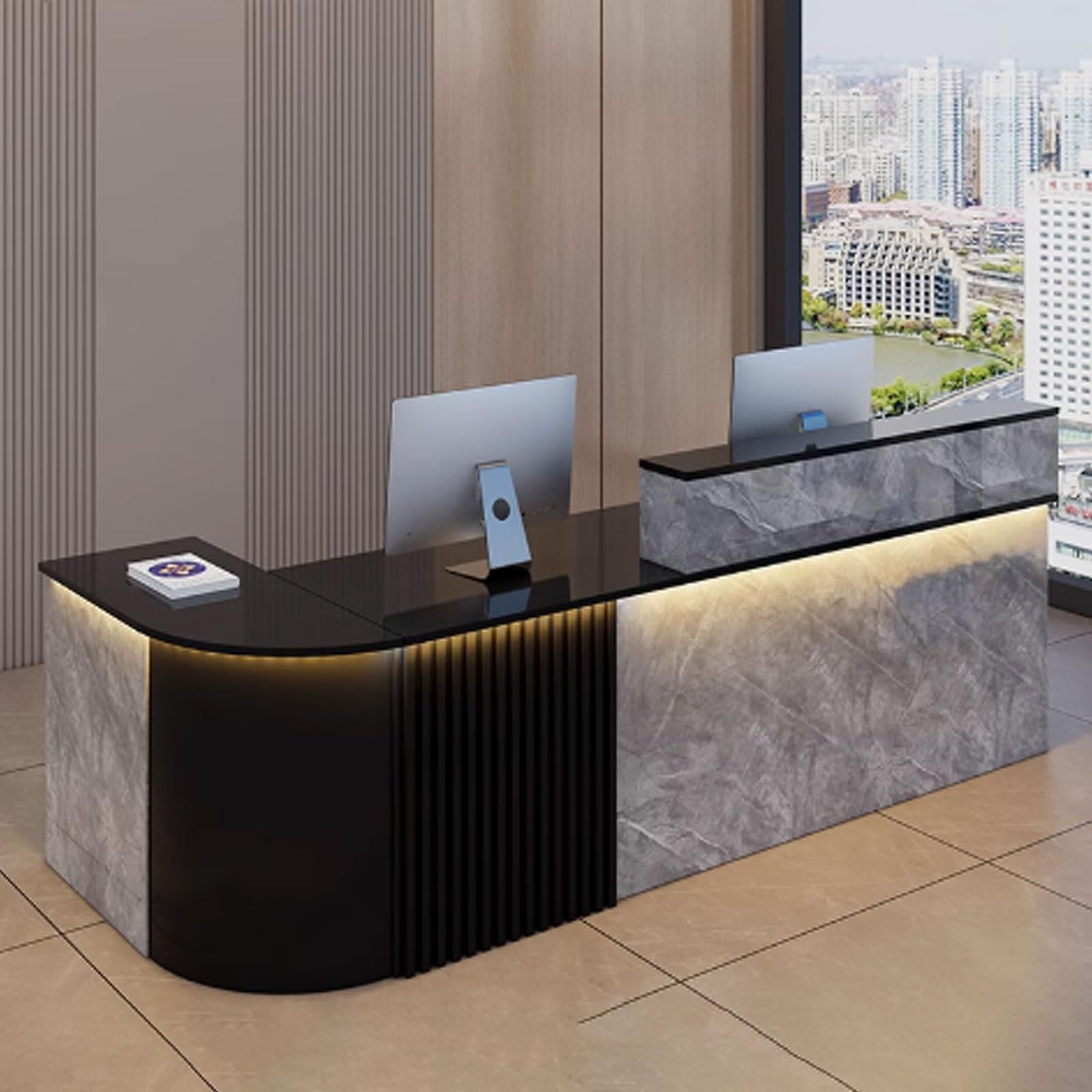 Modern Reception Desk with Storage Drawers | Stylish Front Office Counter Table for Beauty Salons | Gray & Black Texture | 140x60x100cm
