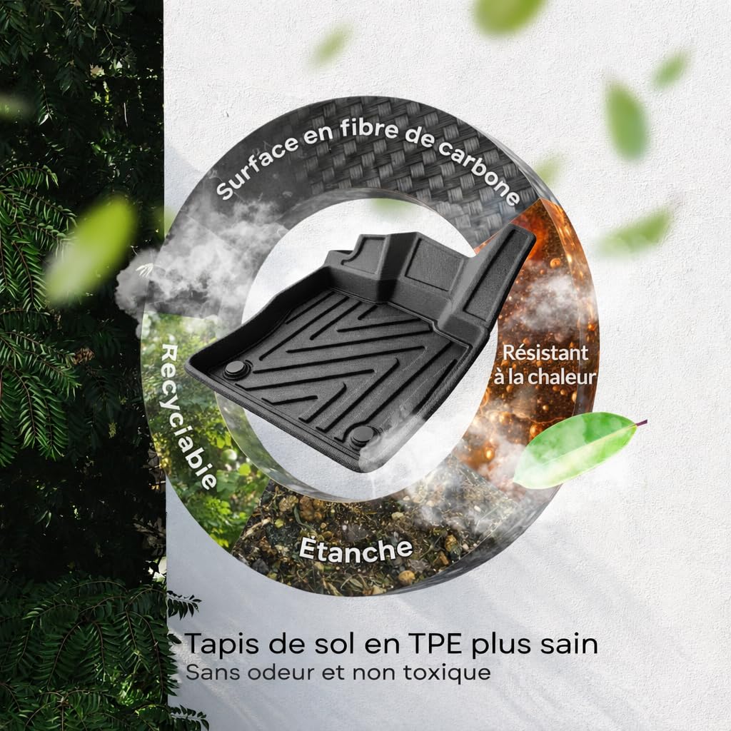 Tapis de sol pour Peugeot Rifter 2019-2026 – Tapis de voiture sur mesure en caoutchouc toutes saisons avec aspect fibre de carbone, bord haut en TPE, accessoires imperméables et