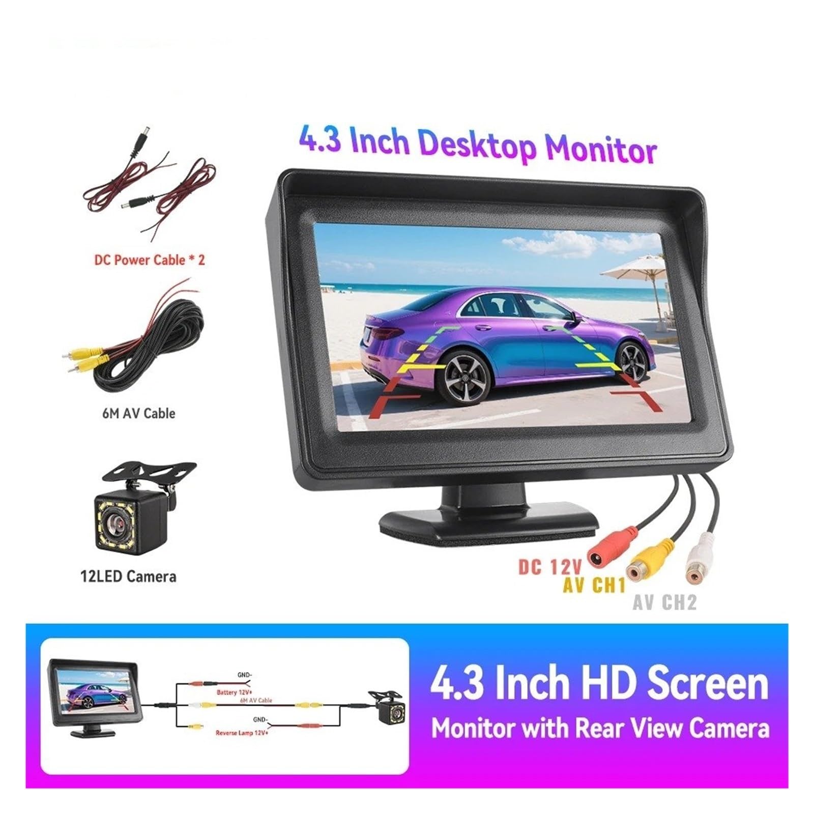 Cámara Visión Trasera Monitor para Estacionamiento Cámara Visión Trasera Visión Nocturna Impermeable Pantalla LCD TFT 4,3" para Marcha Atrás Cámara Trasera