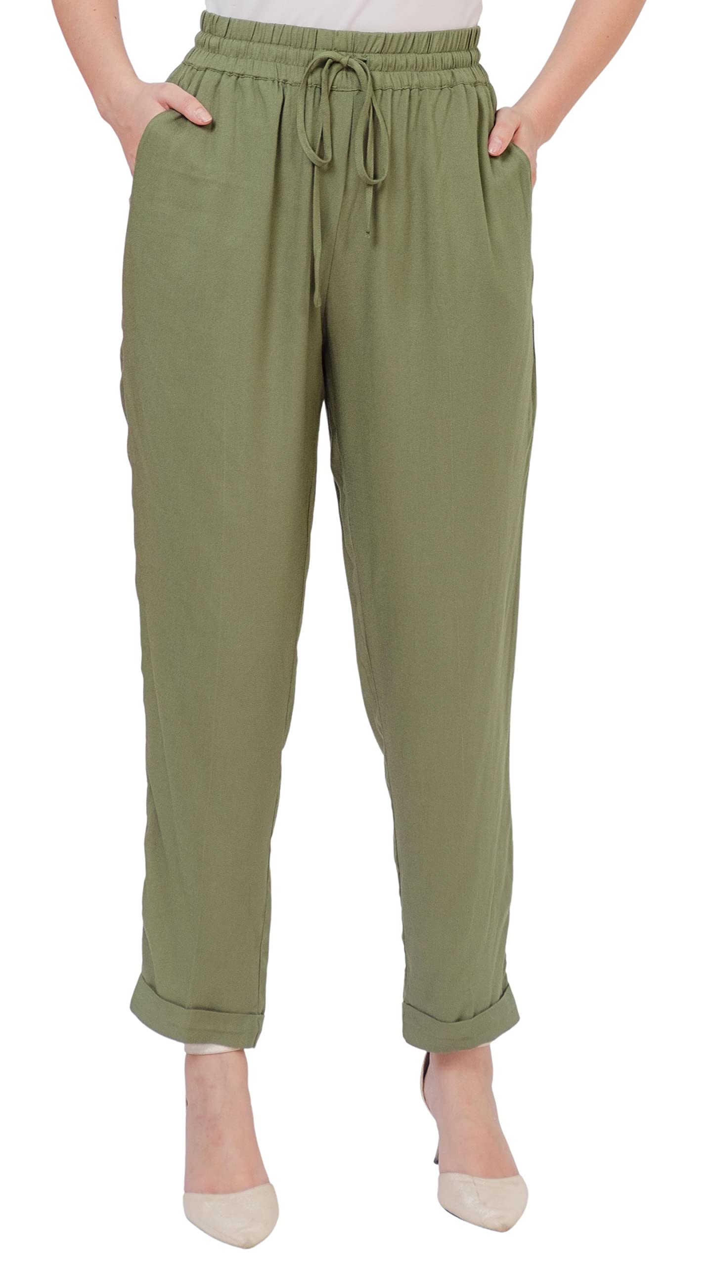 SANDY SID Womens Pants Baggy Drawstring Pleated High Rise Slant Pockets Straight Leg Pants Work Office Business