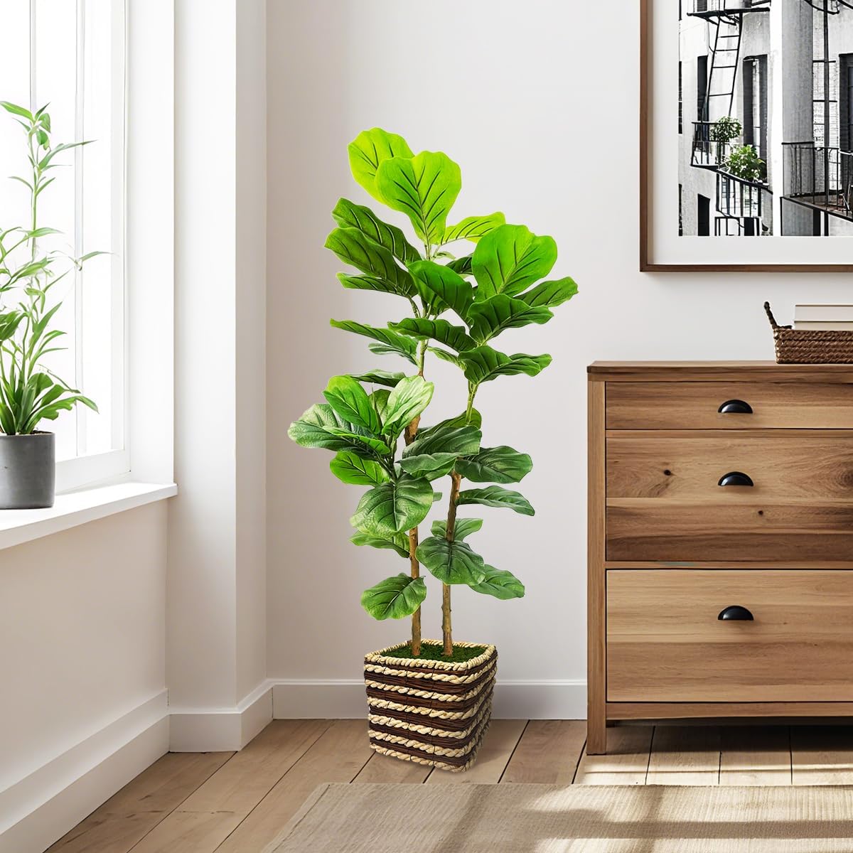 48 Inch Artificial Fiddle Leaf Fig Tree Indoor with Woven Basket - 4ft Tall Fake Tree with Real-Wood Trunk,Faux Plants for Living Rooms, Offices, Kitchens & Outdoor Spaces