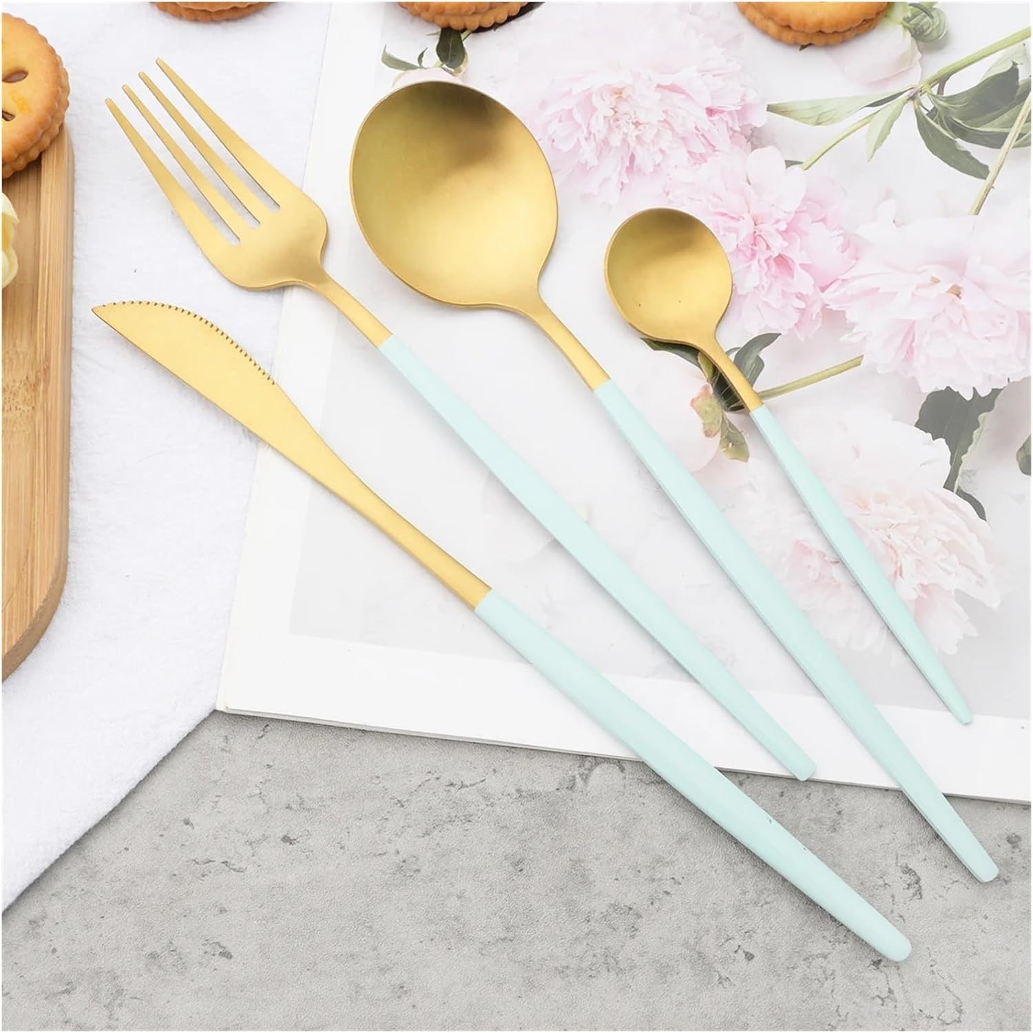 6Pcs Mint Gold Stainless Steel Cutlery Dinnerware Set Butter Knives Fork Coffee Spoon Long Spoons Tableware Set Kitchen Flatware (Color : Dinner Fork silver-21.5cm)