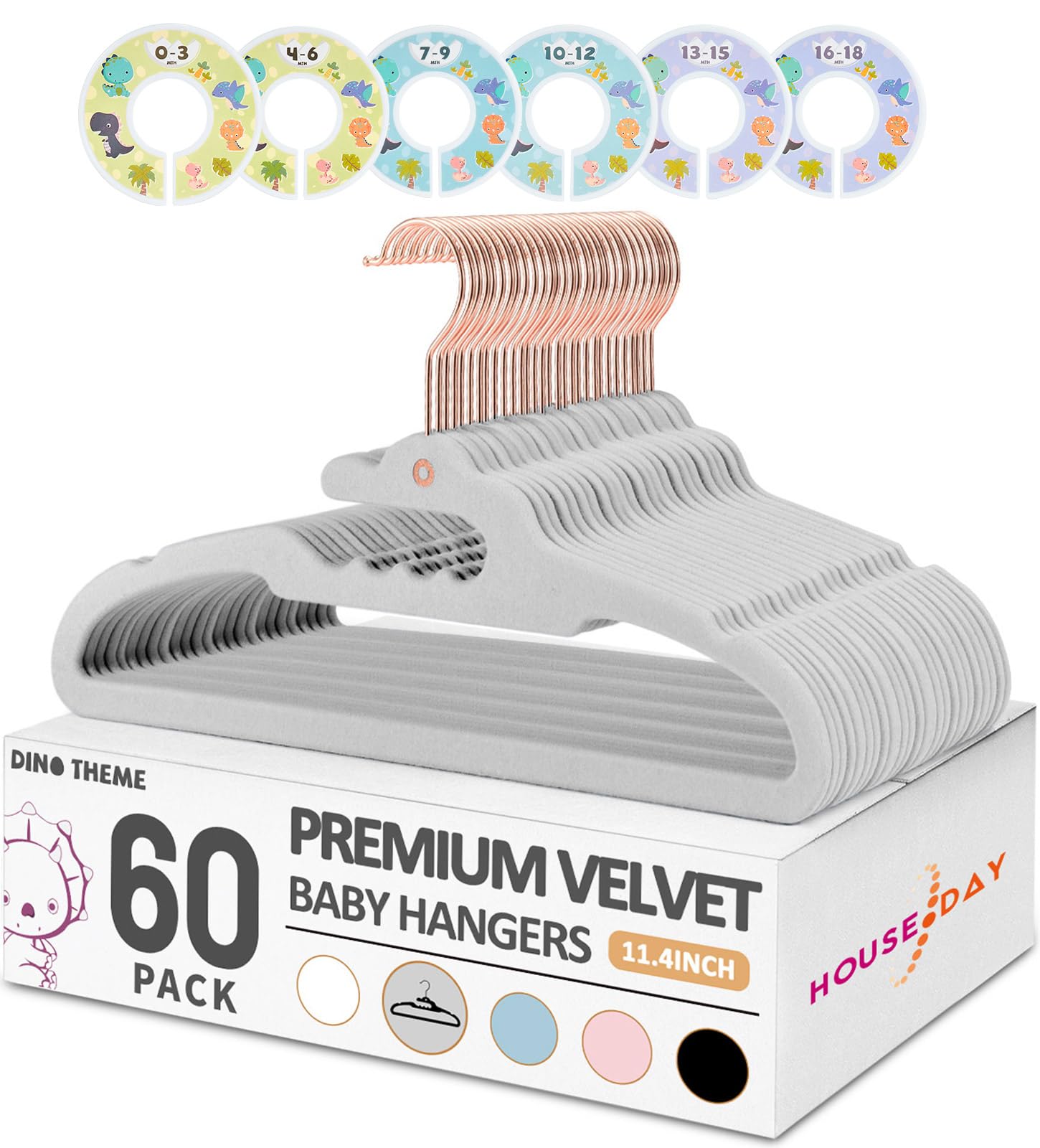 HOUSE DAY Premium Baby Hangers Velvet 60 Pack, Dino 11.4'' Baby Clothes Hangers for Kids +6 Pcs Dividers, Sturdy Children Felt Non Slip Hanger for Nursery on Baby Boys & Girls Closet Organizer - Grey