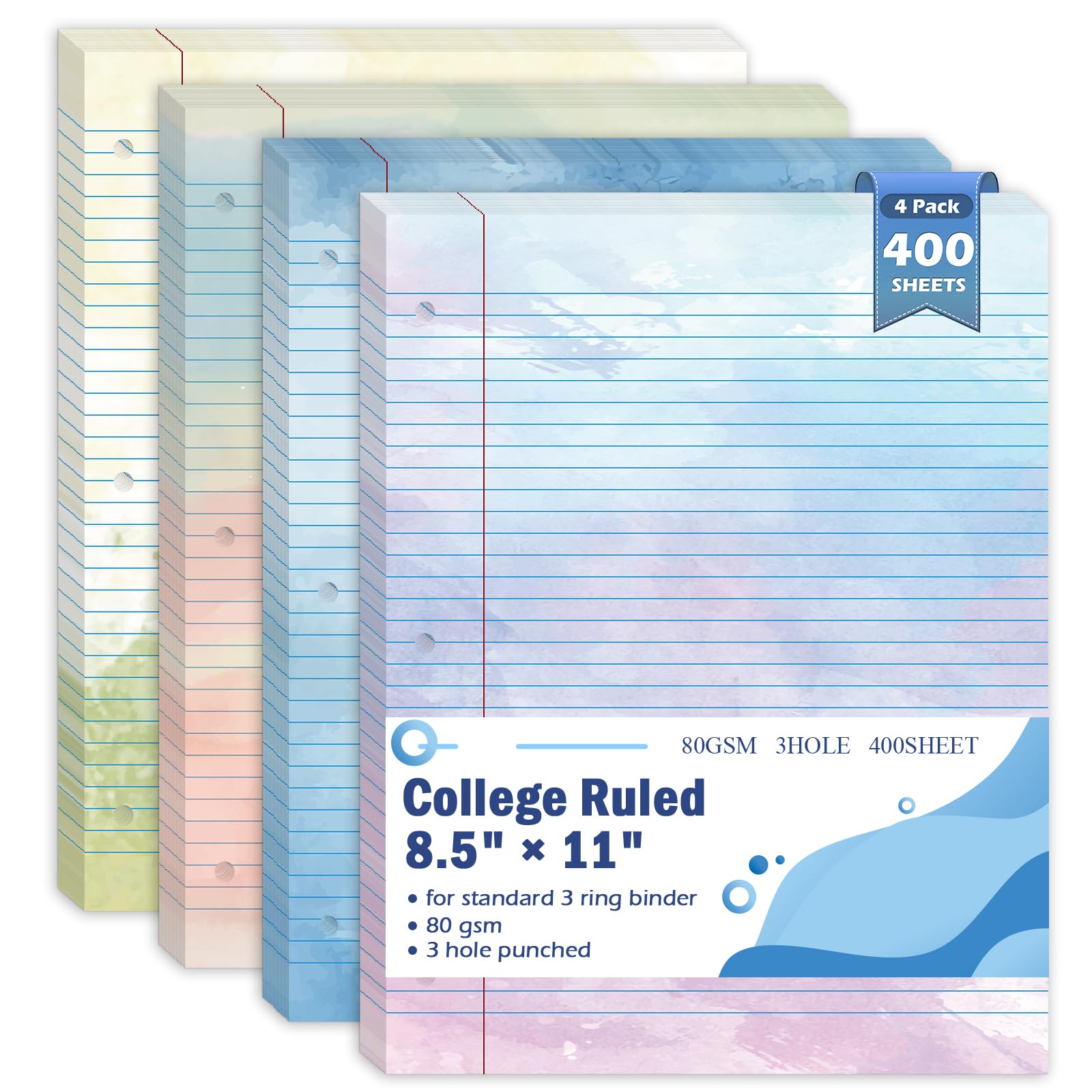 400 hojas de papel de hojas sueltas de color tamaño carta con rayas universitarias para carpeta de 3 anillas de 8.5 x 11 pulgadas, cuaderno de papel rayado de color con rayas universitarias, 3