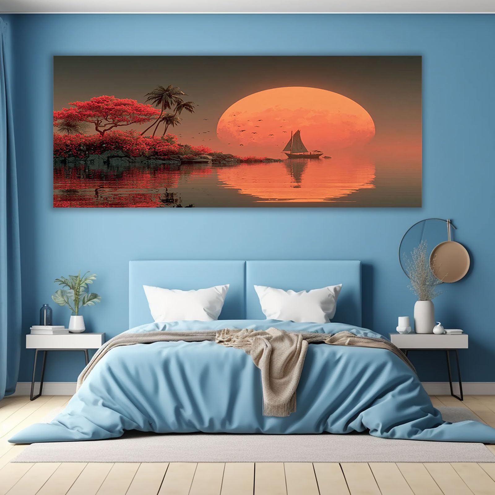 AMXBZC Moderne Leinwand Bilder Lake Tree Sonnenuntergangs Schlafzimmer Landschafts Bilder -Kunstdruck- Badezimmer -Büro Küche -Wohnzimmer Wand Deko(Orange 3)-20x40cm Gerahmt