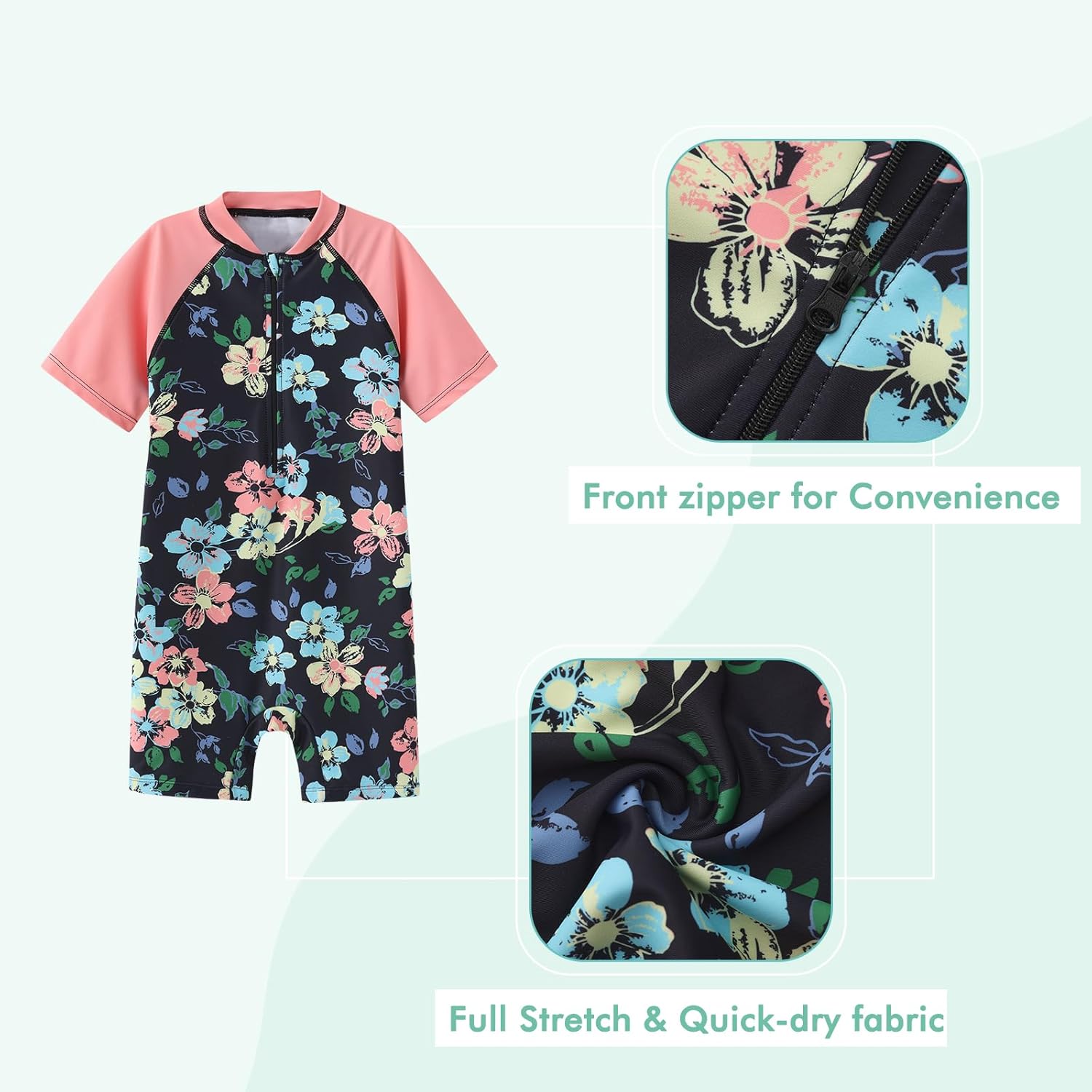 Girls Short Sleeve Rash Guard One Piece Swimsuits Zipper Front Bathing Suit Sun Protection 3-16 Years - Image 3