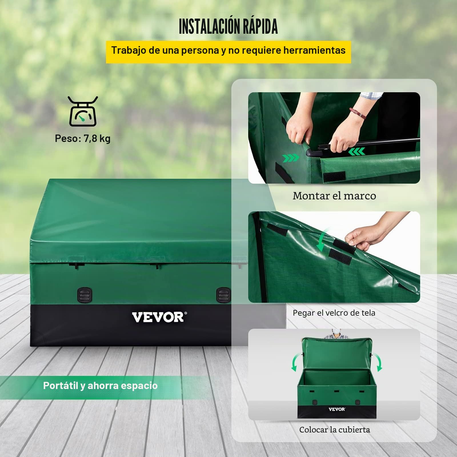 VEVOR Caja de Almacenamiento para Exteriores 230 Galones Arcón de Almacenaje para Jardín Tela Lona de PE Baúl de Almacenamiento Portátil 147 x 86 x 108 x 77 cm para Piscina Patio Jardín Garaje Verde