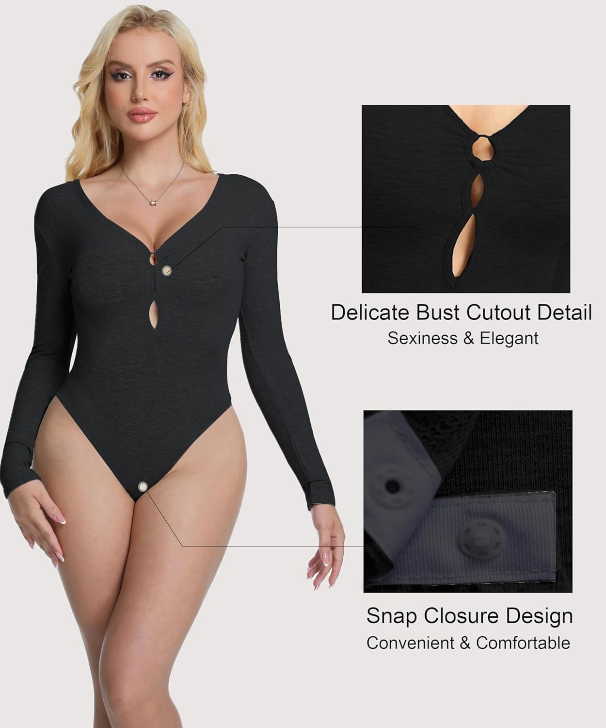 Women Deep V Neck Long Sleeve Bodysuit with Cutout Going Out Bodysuit Casual Stretchy Basic Bodysuit Tops - Image 6