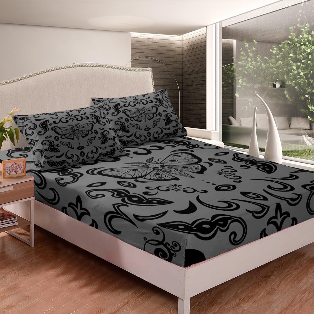 Erosebridal Moth Gothic Fitted Sheet Black Grey Damask Goth Full Bed Sheets for Adults Men Boho Death Moth Skull Halloween Bedding Retro Hippie Animal Floral Fitted Bed Sheet