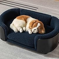 Vista 2 de Sofá cama elevado para mascotas con patas de madera maciza, respaldo de madera doblada y cojín de cachemira, muebles de lujo para mascotas