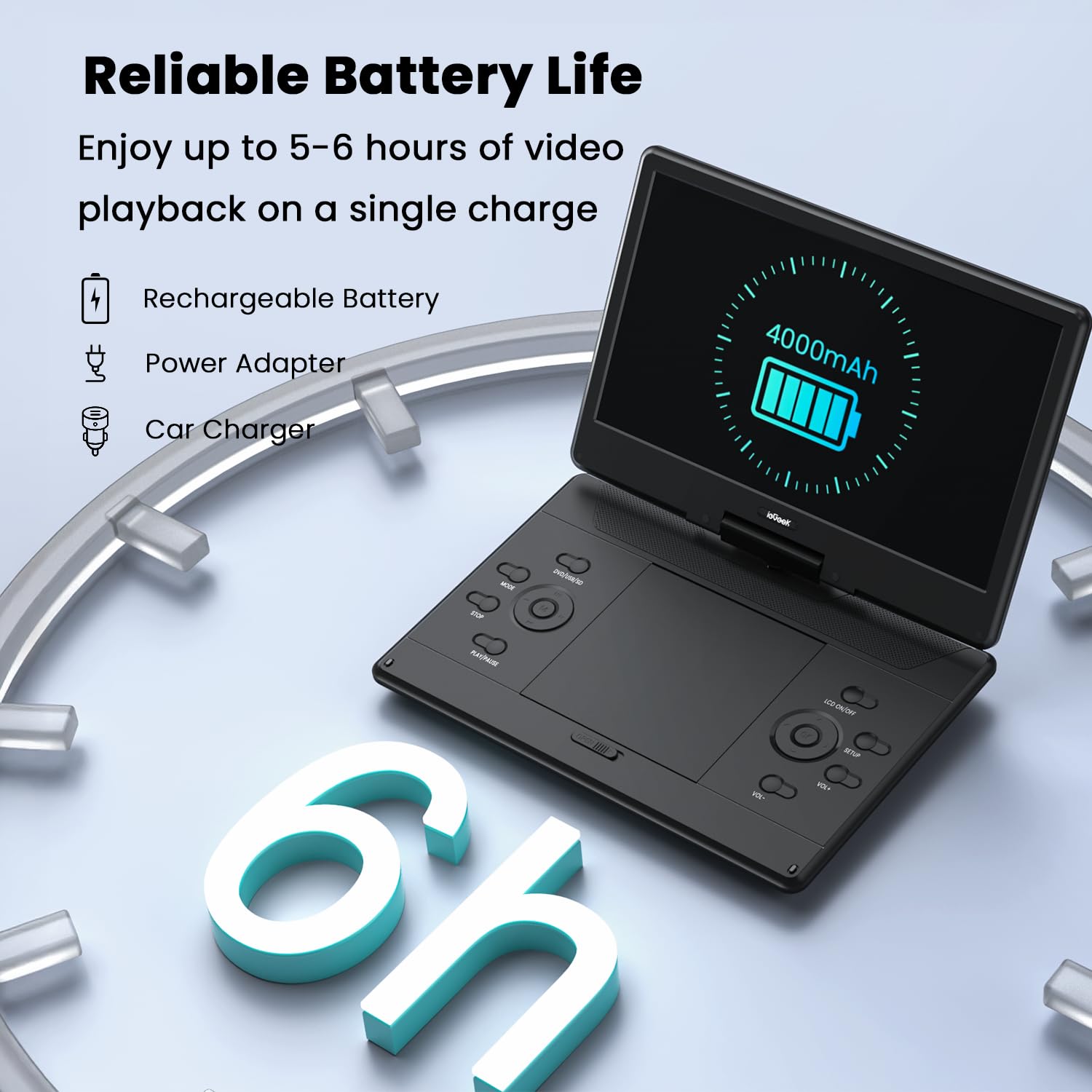 ieGeek Lecteur DVD portable de 16" avec écran pivotant de 14,1", entrée HDMI, batterie rechargeable de 6 heures, lecture USB/SD, cadeau idéal pour les personnes âgées, les enfants et les voyages, noir