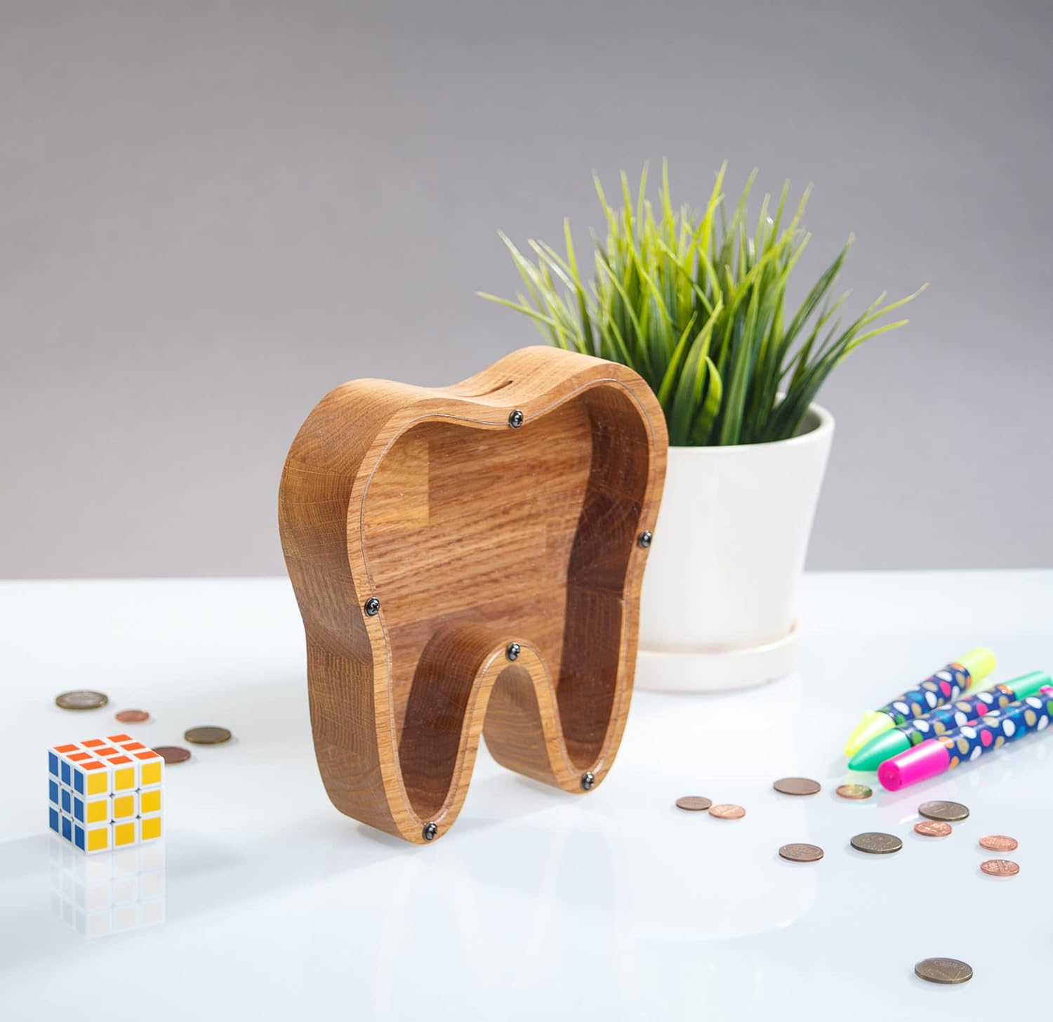Wood piggy bank for boys girls adult TOOTH Organic glass tip jar Child coin bank Unique Montessori kids baby gift Personalized money box