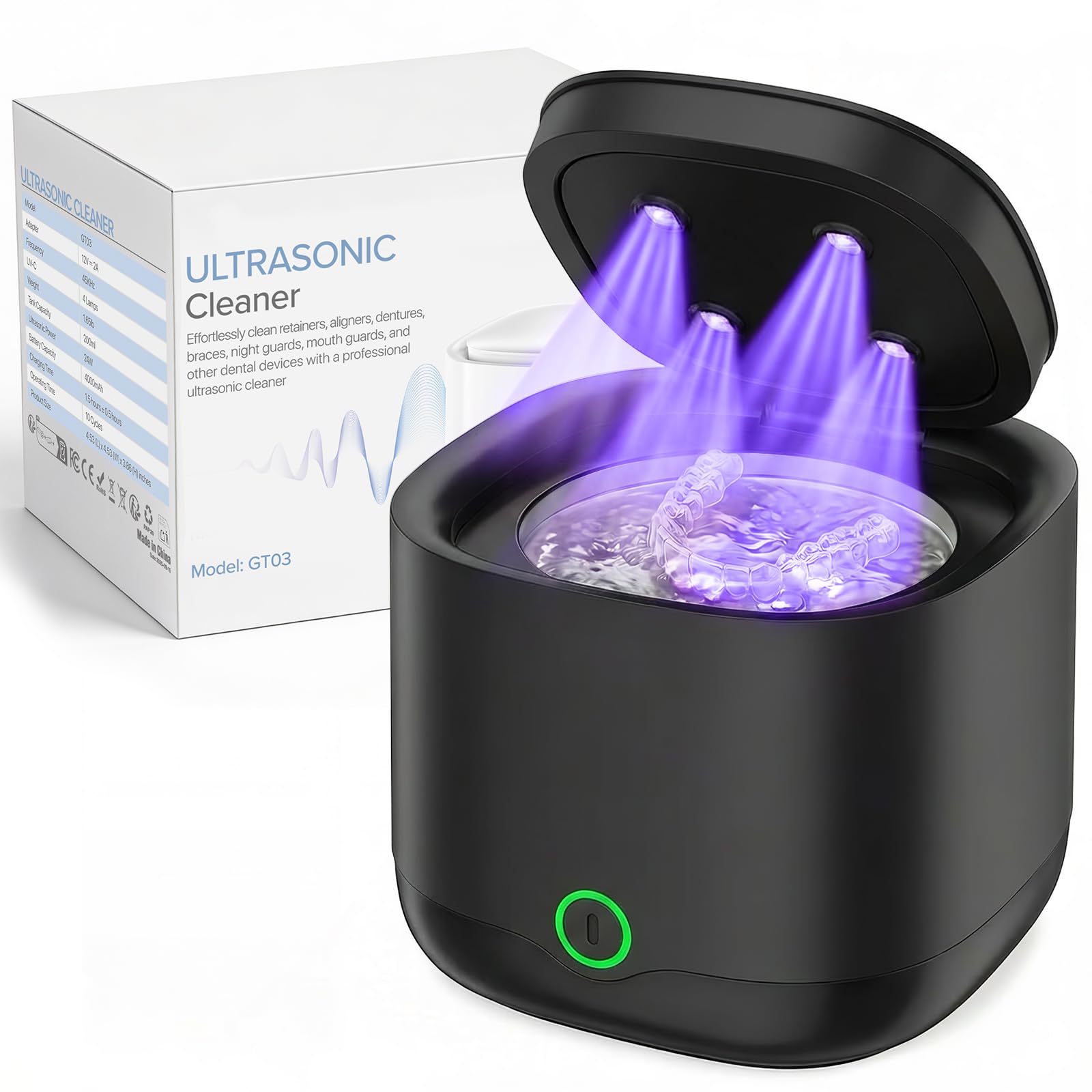 Dispositivo di pulizia a ultrasuoni con 4 luci UVC, 45 kHz, ricaricabile, 24 W, batteria 4000 mAh, 200 ml, 3 modalità per allineatori paradenti protesi