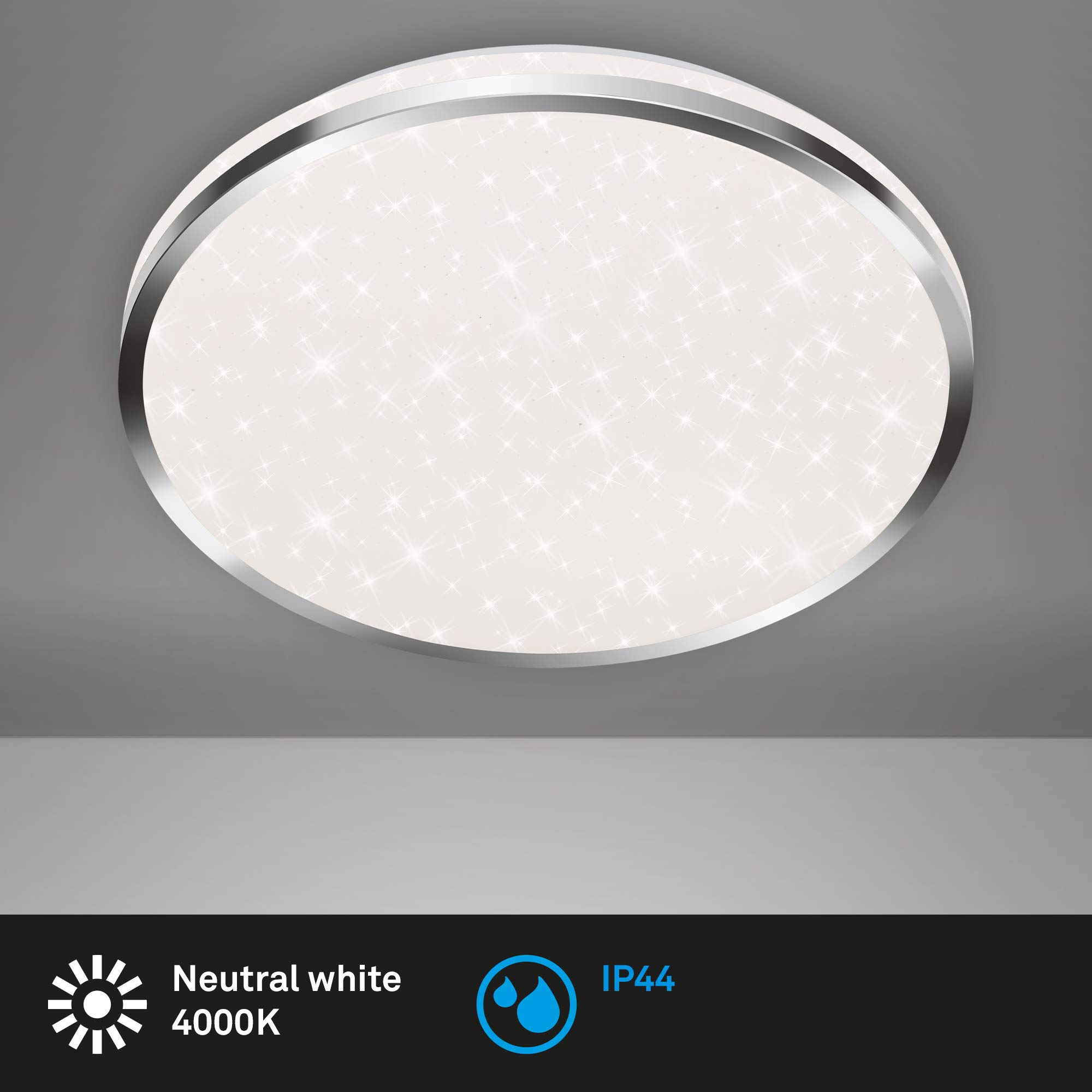 Briloner Leuchten - Luz de techo LED, luz de baño, lámpara de baño con decoración de estrellas, IP44, 12 vatios, 1.200 lúmenes, 4.000 kelvin, blanco cromado, 280x70mm (diámetro x altura)