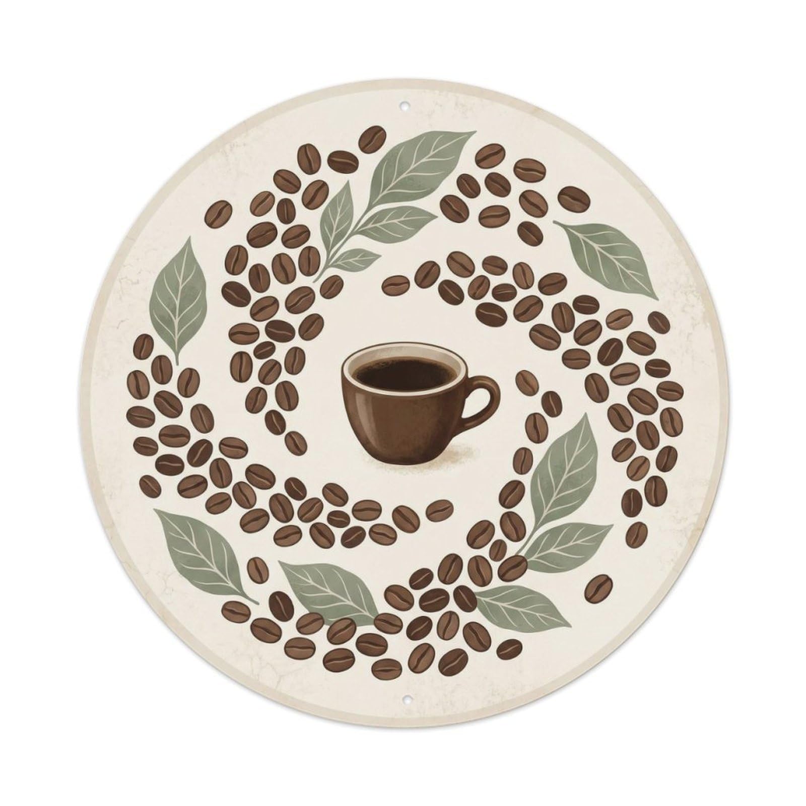 Woodcut Botanical Espresso Coffee Beans Minimalist Graphic Metal Tin Sign Plaque Wall Decor for Cafe, Man Cave, Club Bar, Office, Home Garden Round Metal Poster 8x8Inch