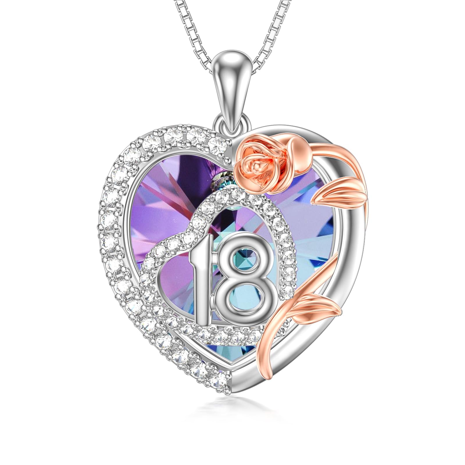 Cadeau d'anniversaire pour fille - En argent sterling 925 - Pendentif en forme de rose - Cœur - Cristal - Cadeau d'anniversaire - Cadeau pour fille de 18 ans, Argent sterling,