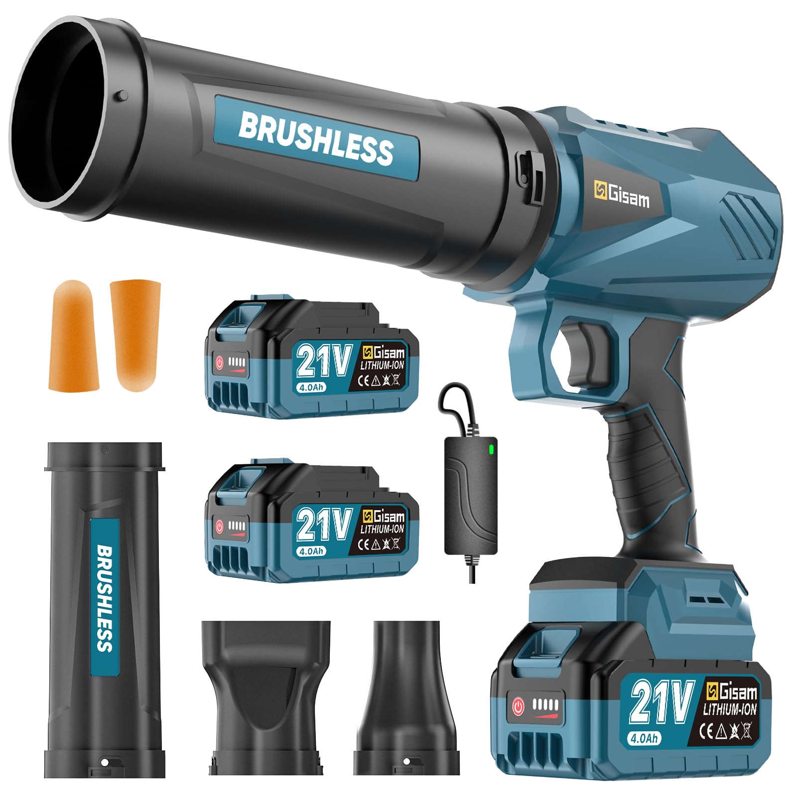 Souffleur de feuilles sans fil, moteur brushless avec 2x4.0Ah batteries, souffleur de feuilles, débit d'air 800m³/h, transmission à variation continue, 3 buses, 0,82 kg léger pour le jardin, les