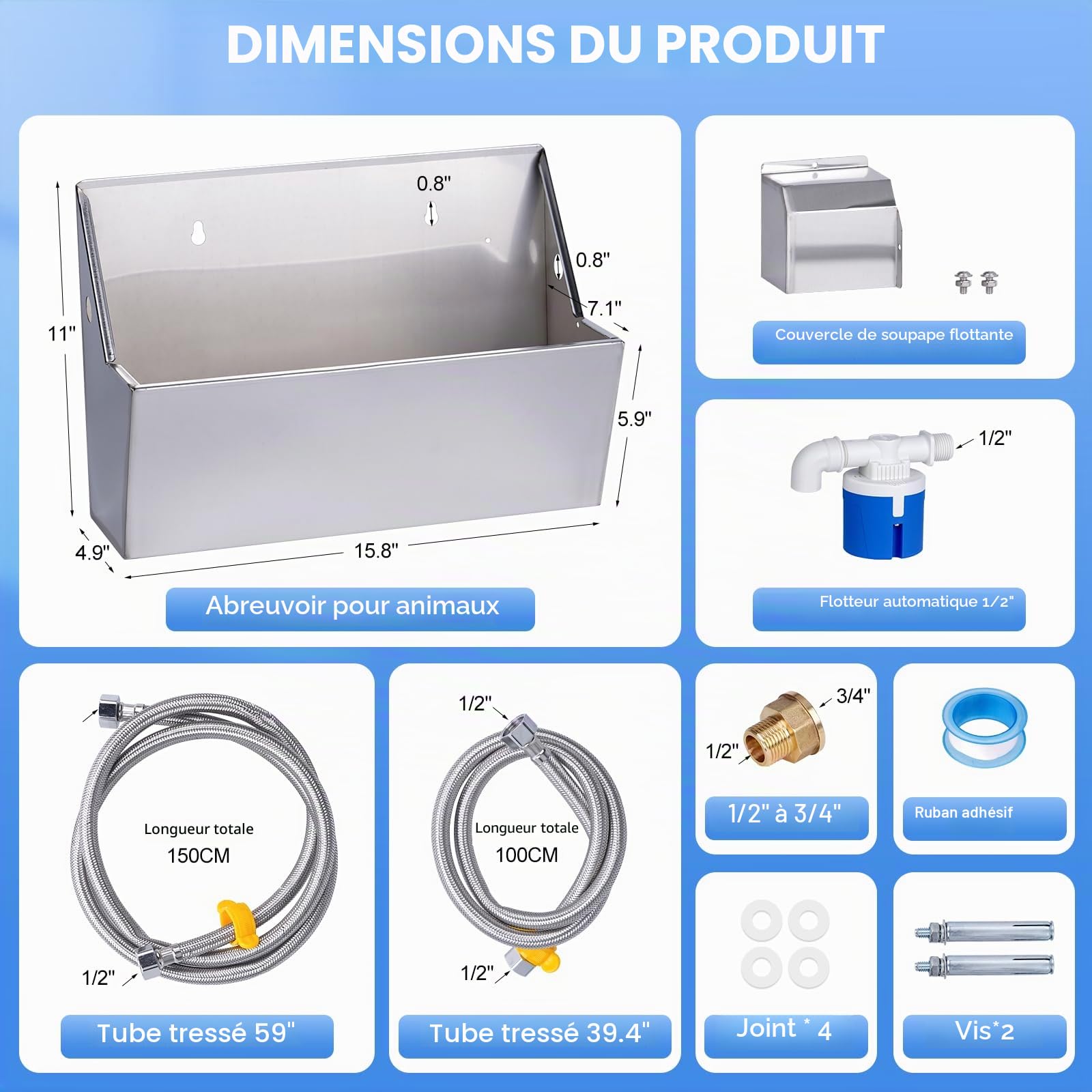 Abreuvoir Automatique pour Chien Abreuvoir en Acier Inoxydable 8L pour Bétail avec Tuyau d’Eau 100cm et 150cm Kit de Soupape à Flotteur de Remplissage Automatique Réservoir d’Abreuvoir
