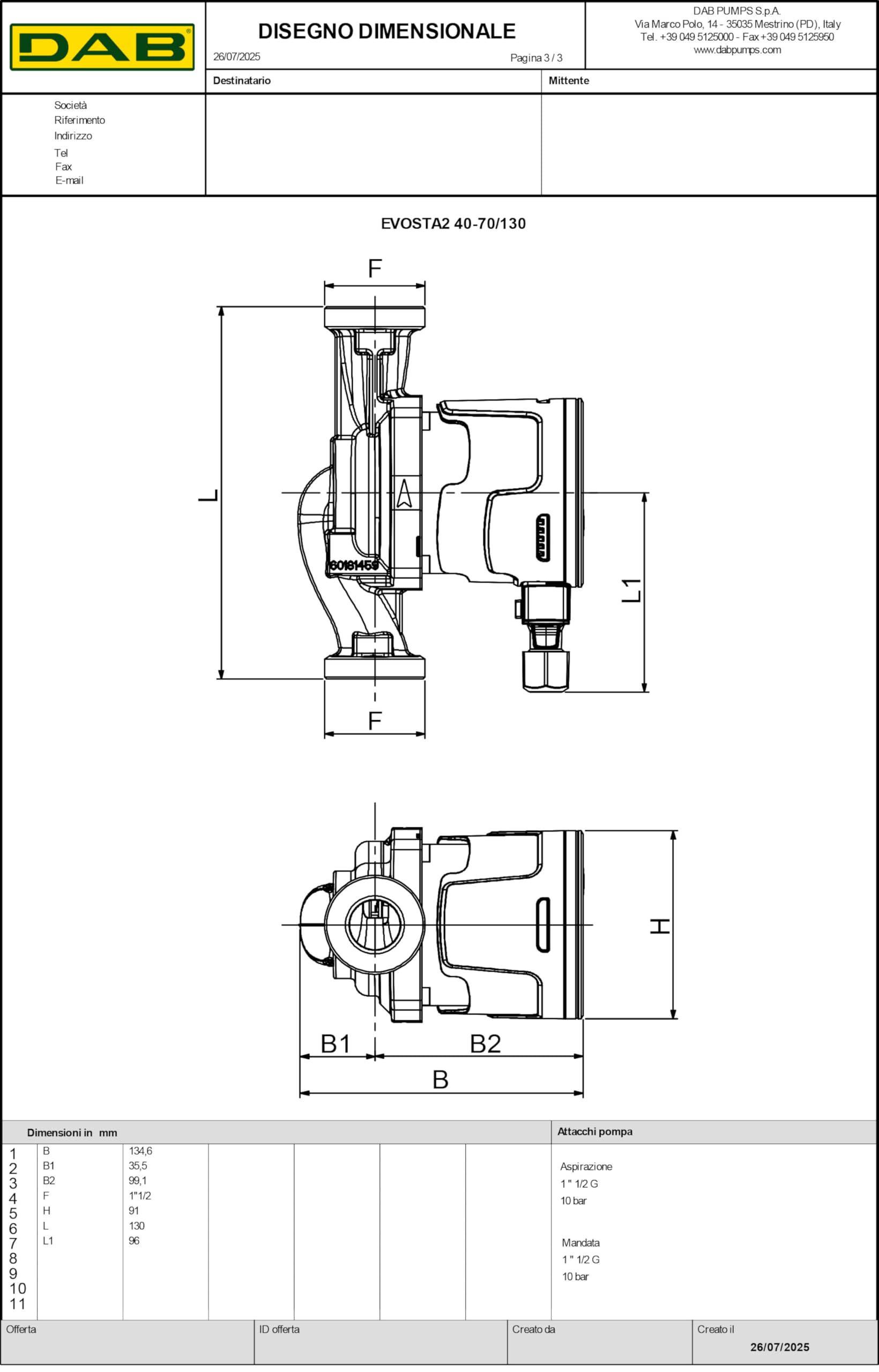 Circolatore DAB Evosta 2 40-70/130 (1") con attacchi pompa filettati G 1” ½ per impianti di riscaldamento e condizionamento