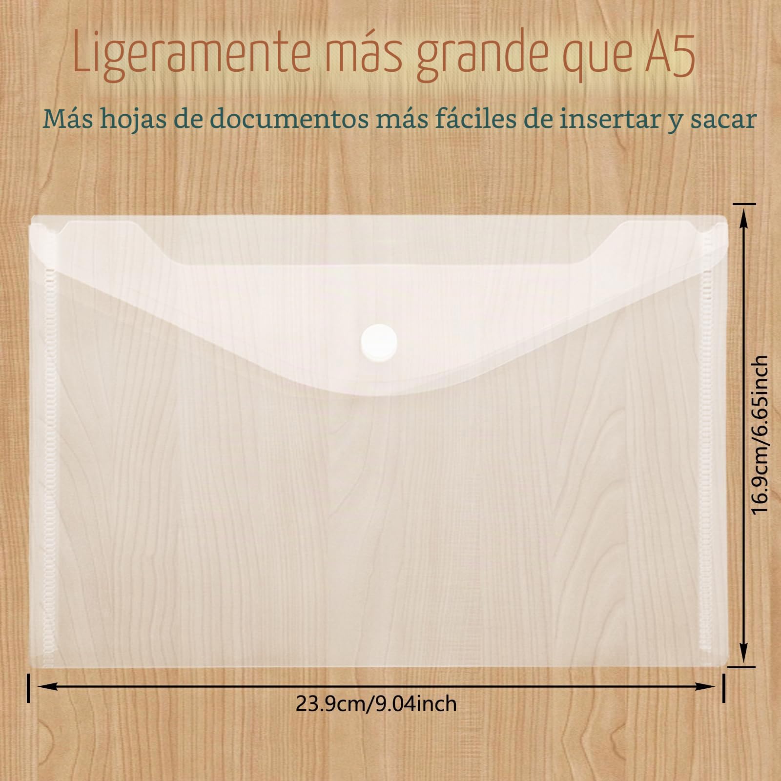 DAJAVE 60 Unidades Bolsa de plástico A5, Carpetas de Plástico Transparente de Tamaño A5, con Corchete - Sobre para Documentos con Botón de Presión, para Almacenamiento de Documentos y Sobres