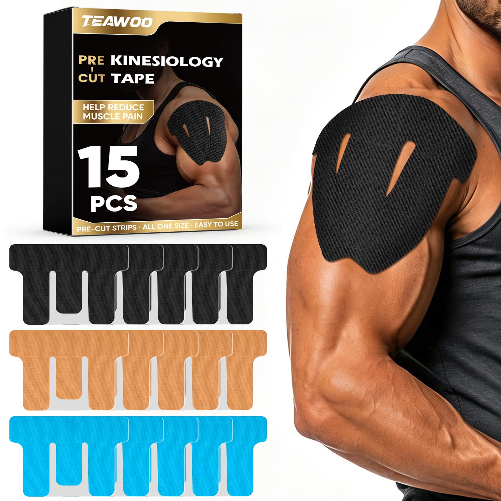 View 1 of 15 Pcs PreCut Kinesiology Tape for Shoulder, Shoulder Pain Relief Support