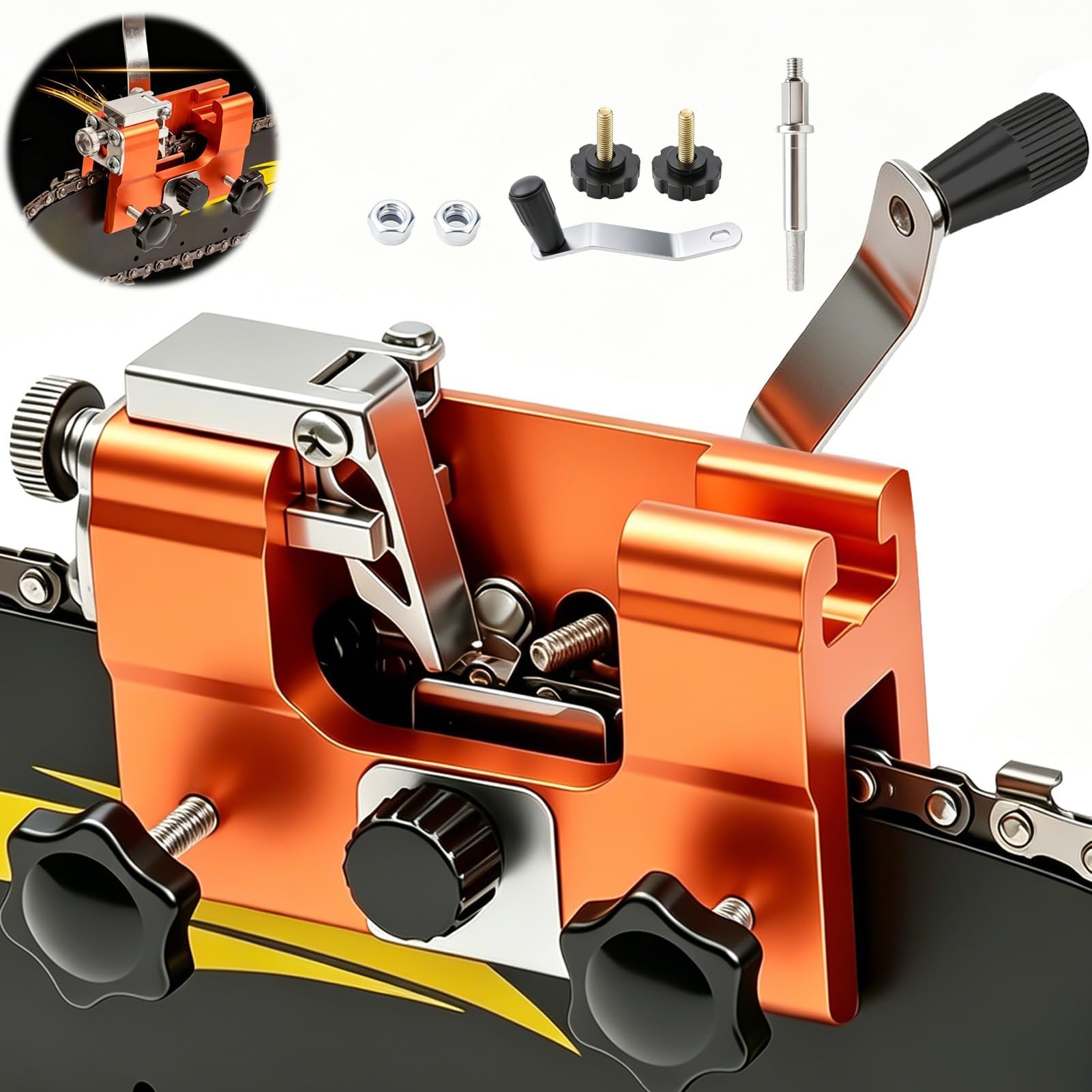 Affuteur Chaine Tronçonneuse Manuel, Aiguiseur de Chaîne Portable à Manivelle, Affûteuse Tronçonneuse en Aluminium et Acier Inox, Kit Affûtage Précis sans Électricité pour Jardin, Atelier, Forêt Pro