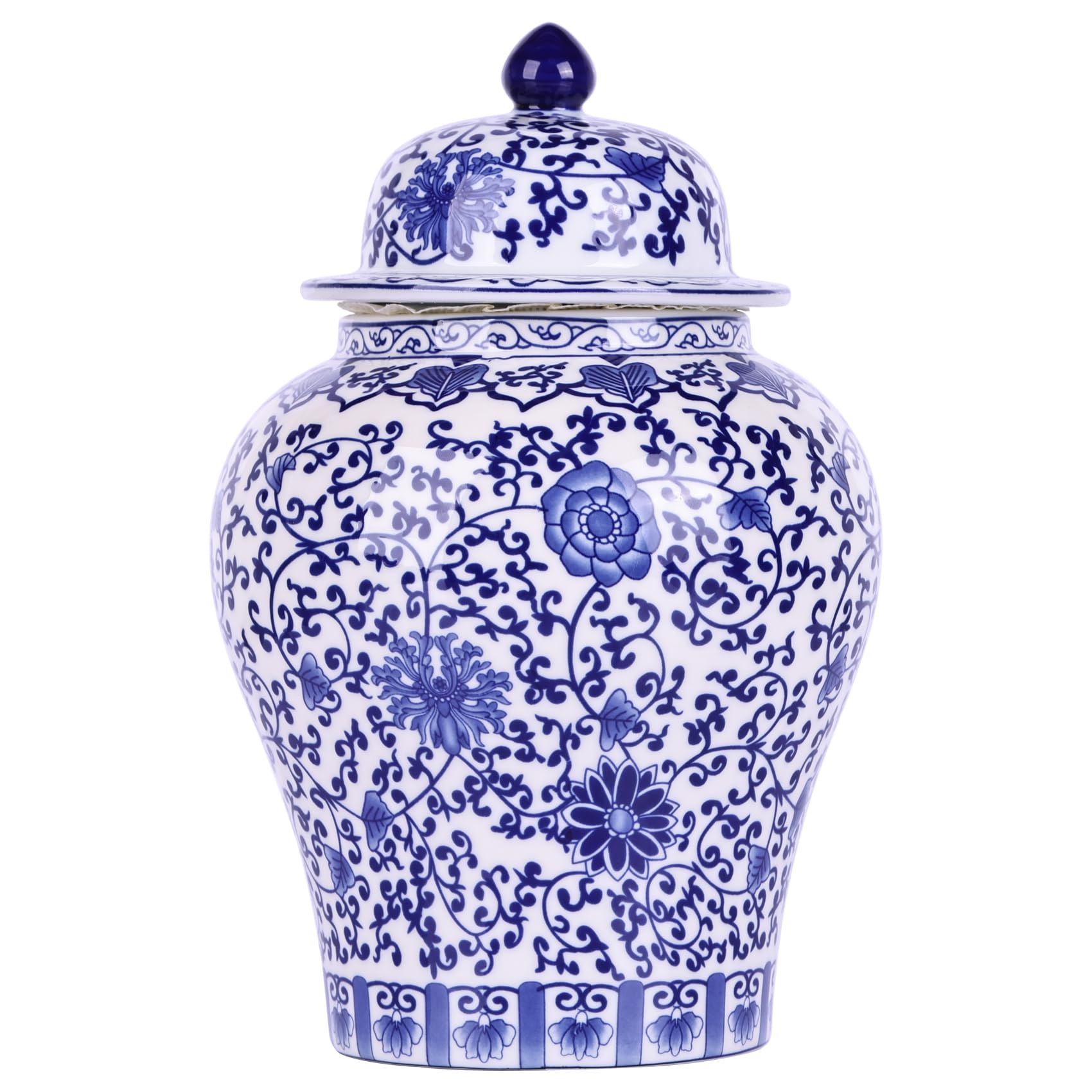 Chinoiserie - Barattolo di zenzero in porcellana blu e bianca, vaso in ceramica fatto a mano per decorazione della casa, barattolo decorativo in stile classico cinese (loto)