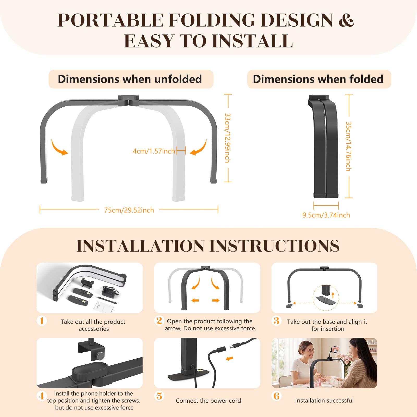 Lampara Media Luna Manicura: 29in Lampara Manicura para Principiantes - 3 Modos de Color y 10 Niveles de Brillo Ajustables Lampara Arco LED Mesa para Cosméticos Lectura - Negro