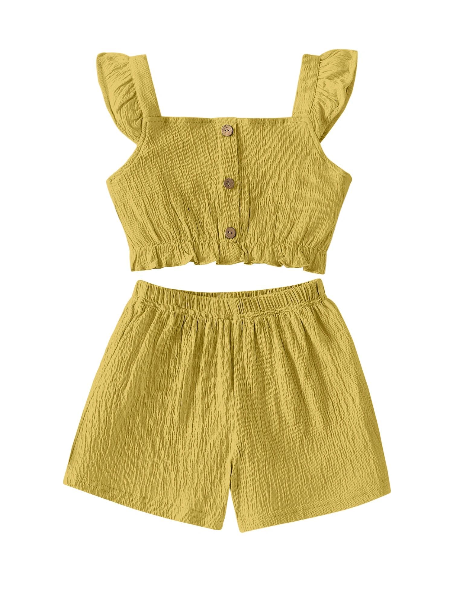 Girls Summer Outfits Textured Botton Front Flutter Sleeve Shirt Ruffle Hem Crop Top and Solid Shorts Sets Yellow 13-14 Years