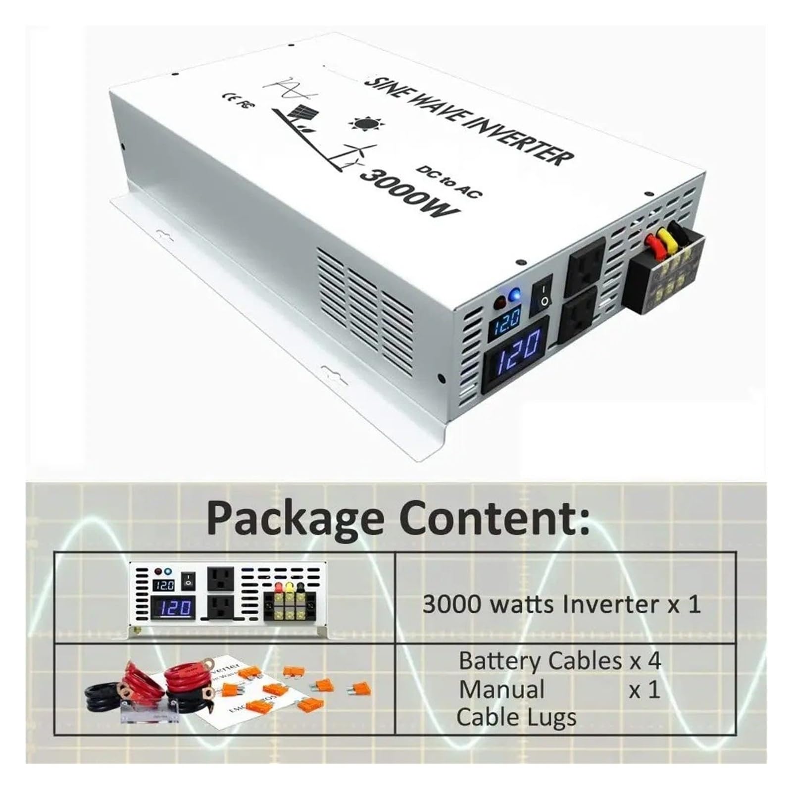 Convertidor Adaptador Inversor Onda Sinusoidal para Pura 3000W Potencia 24V A 220V Generador Panel Solar Convertidor Batería 12V/48V CC A 120V/230V/240V CA inversor