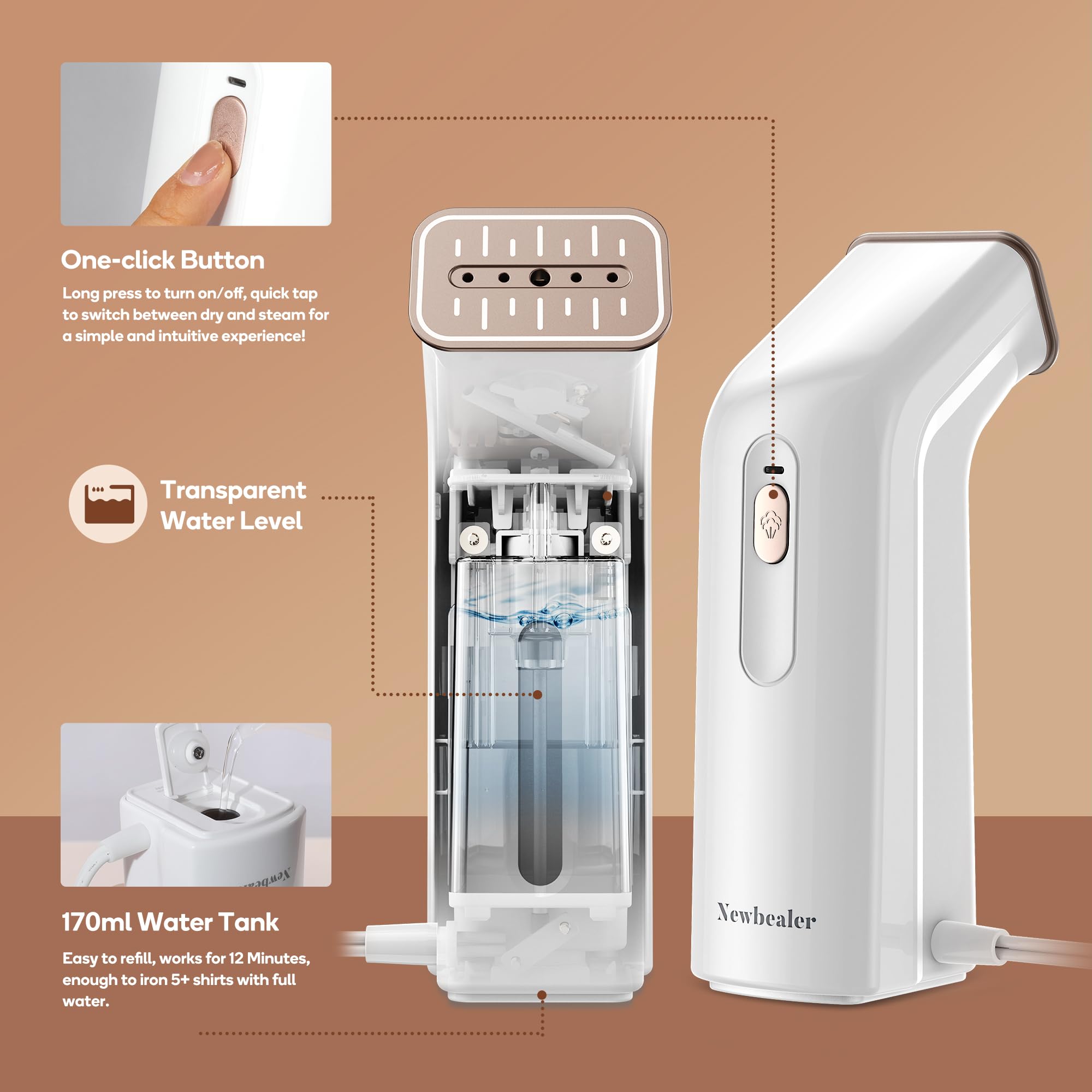 Vaporizador 2 en 1 y plancha en seco para principiantes, vaporizador de ropa horizontal y vertical, suela de cerámica antiadherente, removedor de arrugas de ropa de 5.7 fl oz, apagado 6