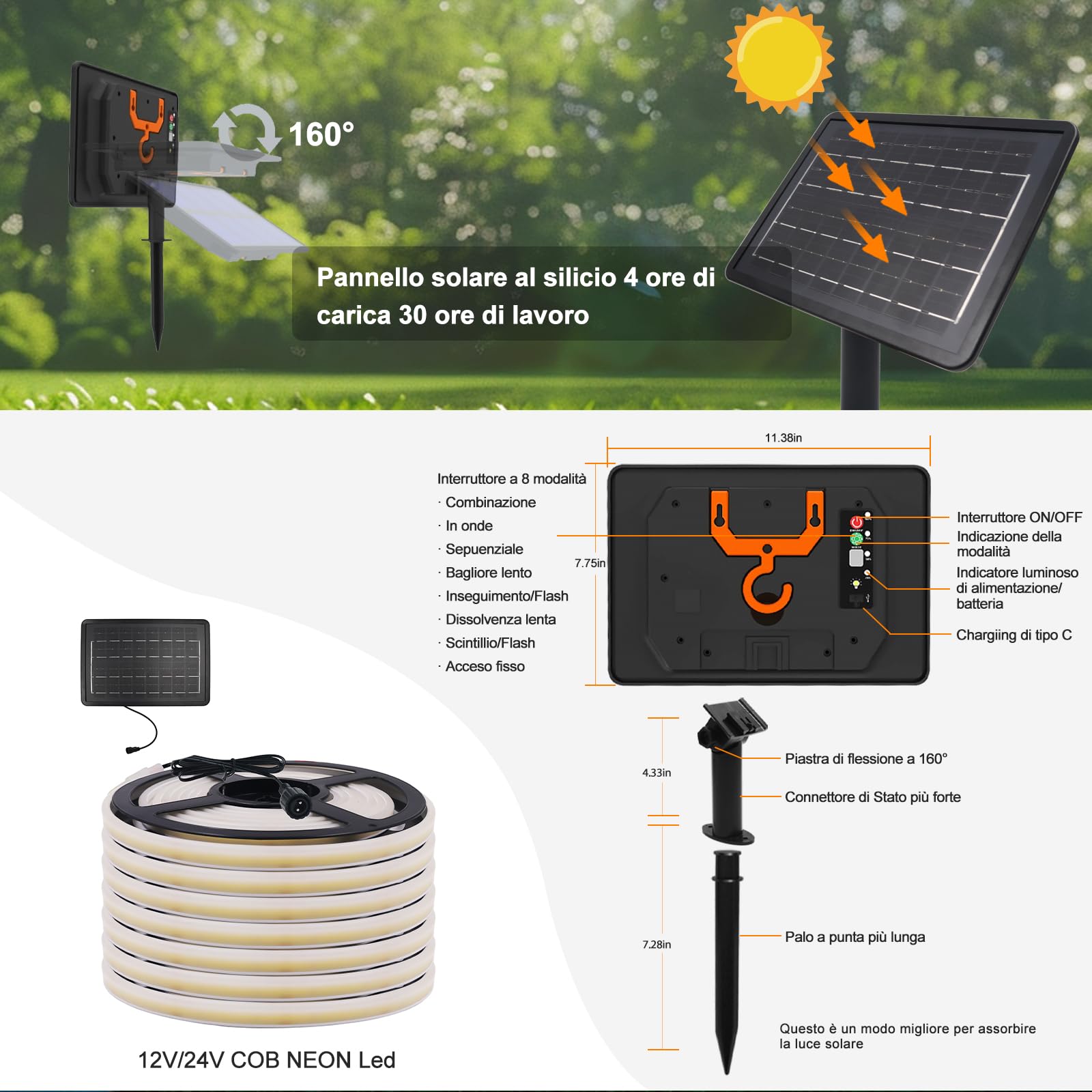 Strisce Led Solari 24V per Esterni, Alta Luminosità Con 320 Led/m, 8 Modalità, Impermeabile, Batteria 7200mah, Ideali per Giardino, Cortile e Balcon (Bianco Naturale (4000-4500K), 10M)