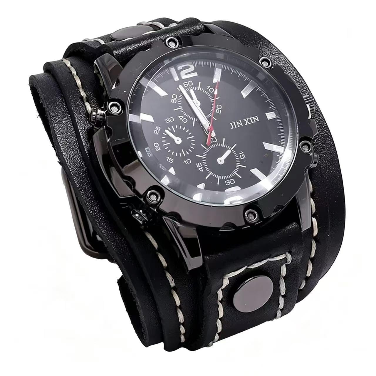 MINILUJIA Reloj de pulsera de cuarzo hecho a mano, estilo punk hip-hop, gótico, ancho, de piel sintética, esfera redonda, esfera grande, negro y marrón, Negro -, Vintage Punk Hip-hop