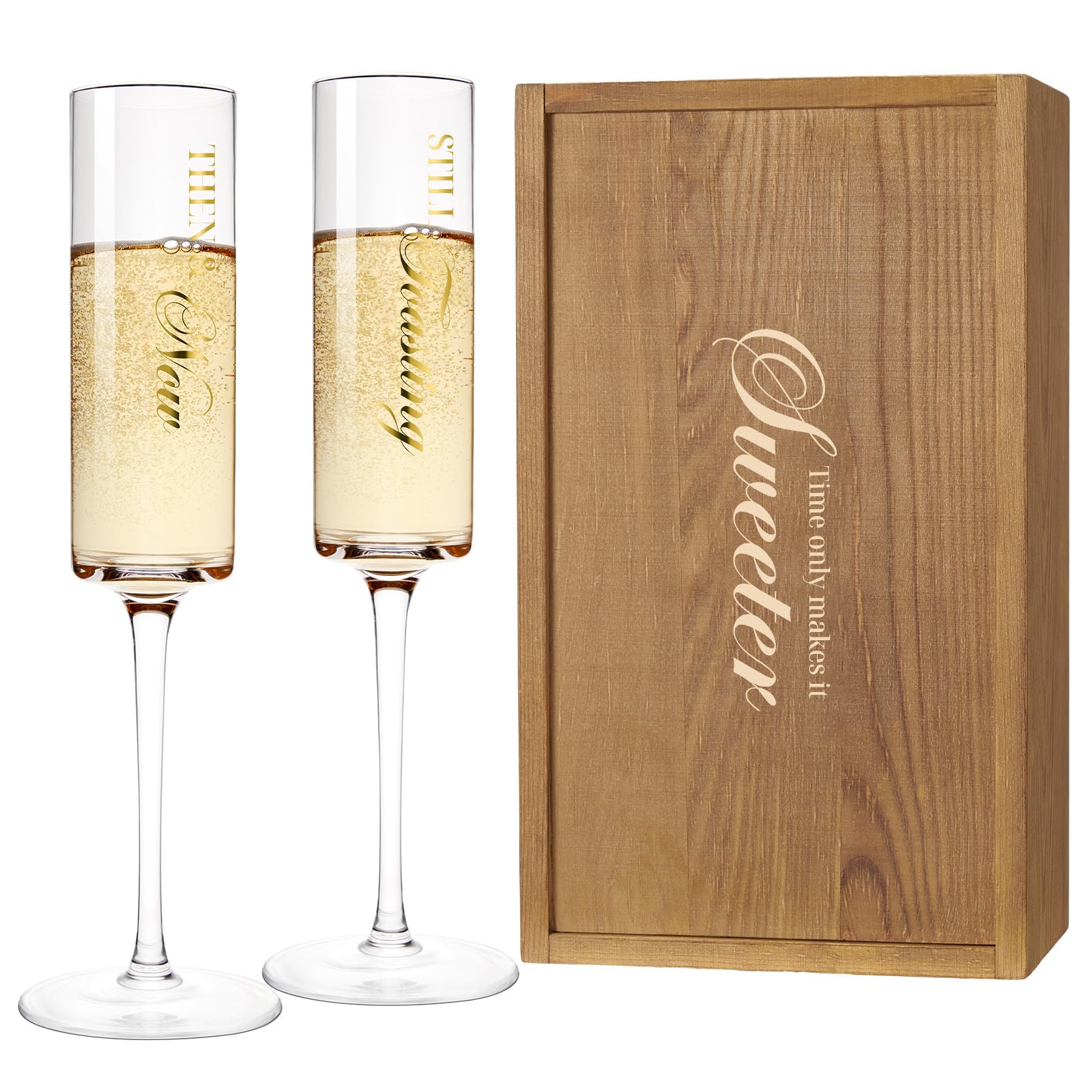 AW BRIDAL Anniversary Champagne Flutes Set of 2 with Wooden Keepsake Box