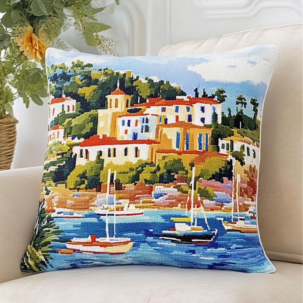 XDEGHUANGSS Latch Hook Rug Kits for Adults,Scenic Island Landscape Rug Making Latch Hooking Kit Latch Hook Cushion Kits,Needlework Cushion Cover Hand Craft Crochet for Family 43x43cm