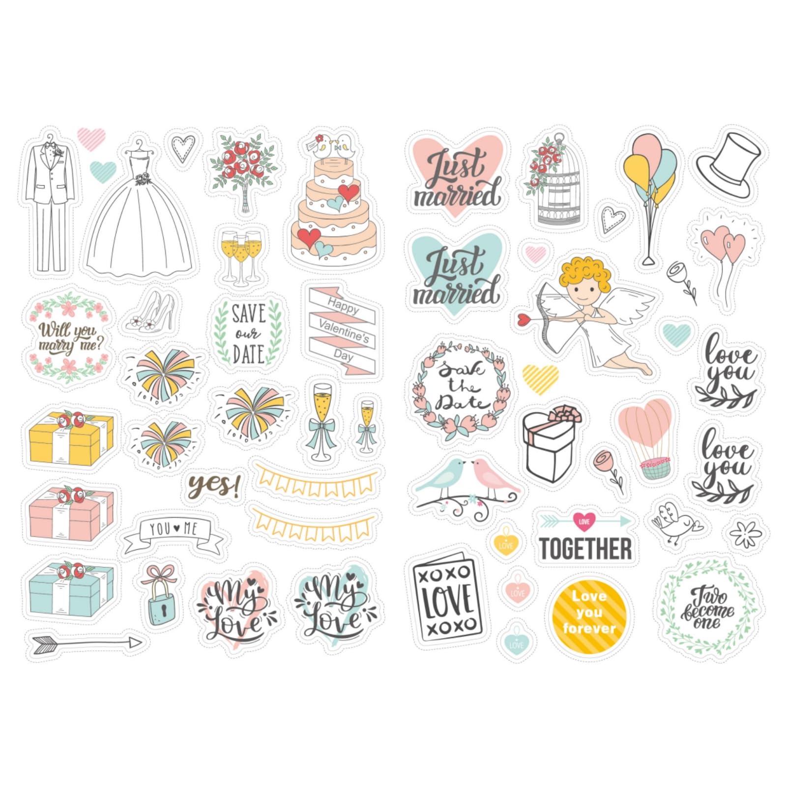 Naklejki na album fotograficzny, księga gości, wesele, 5 arkuszy z 206 ilustracjami, naklejki ślubne do scrapbookingu, naklejki ślubne na przyjęcie ślubne, na przyjęcie dla panny młodej, zaręczyny,