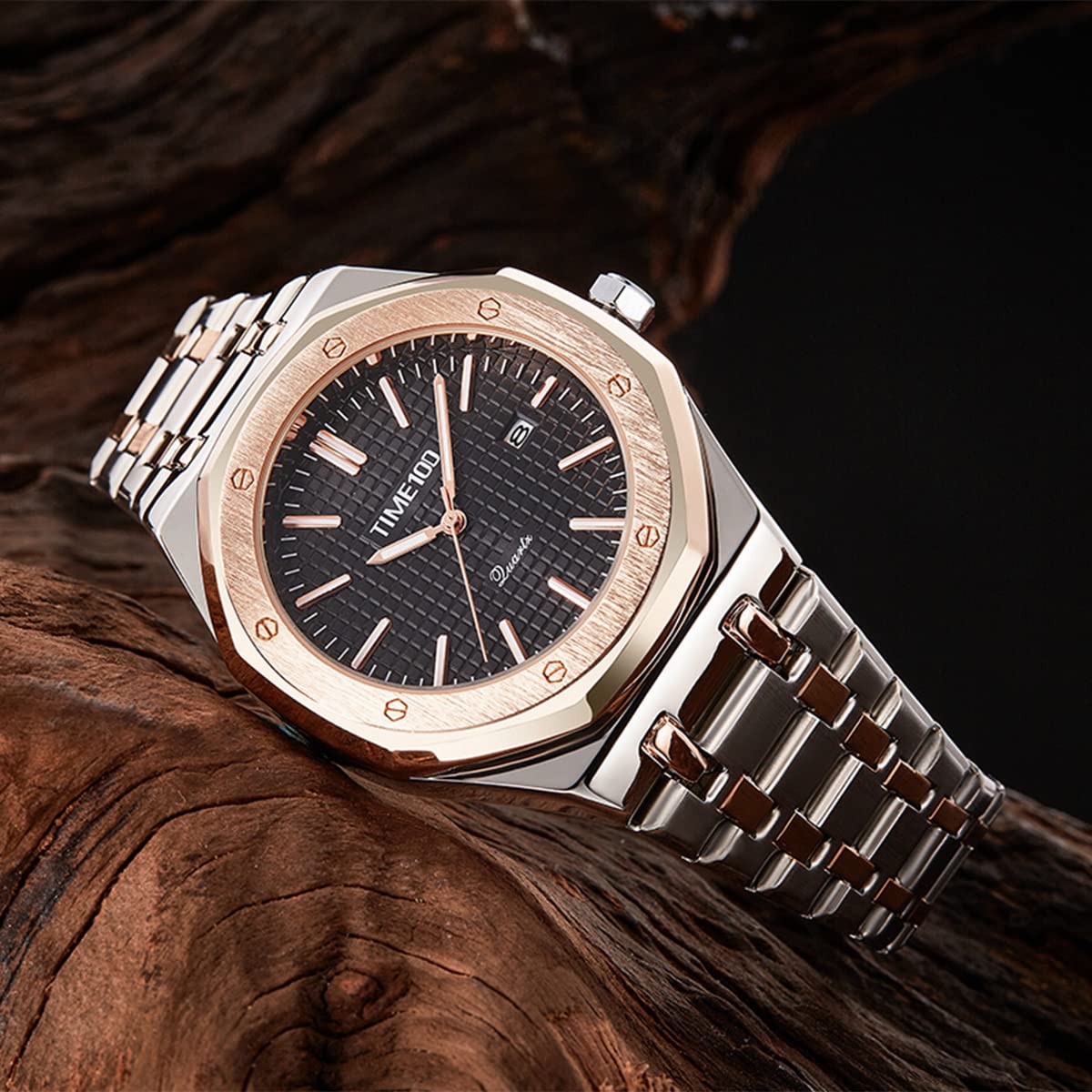 TIME100 Orologio Automatico Uomo Al Qarzo In Acciaio Inossidabile Impermeabile Orologio da Polso Elegante Regalo per Uomo（Nero）