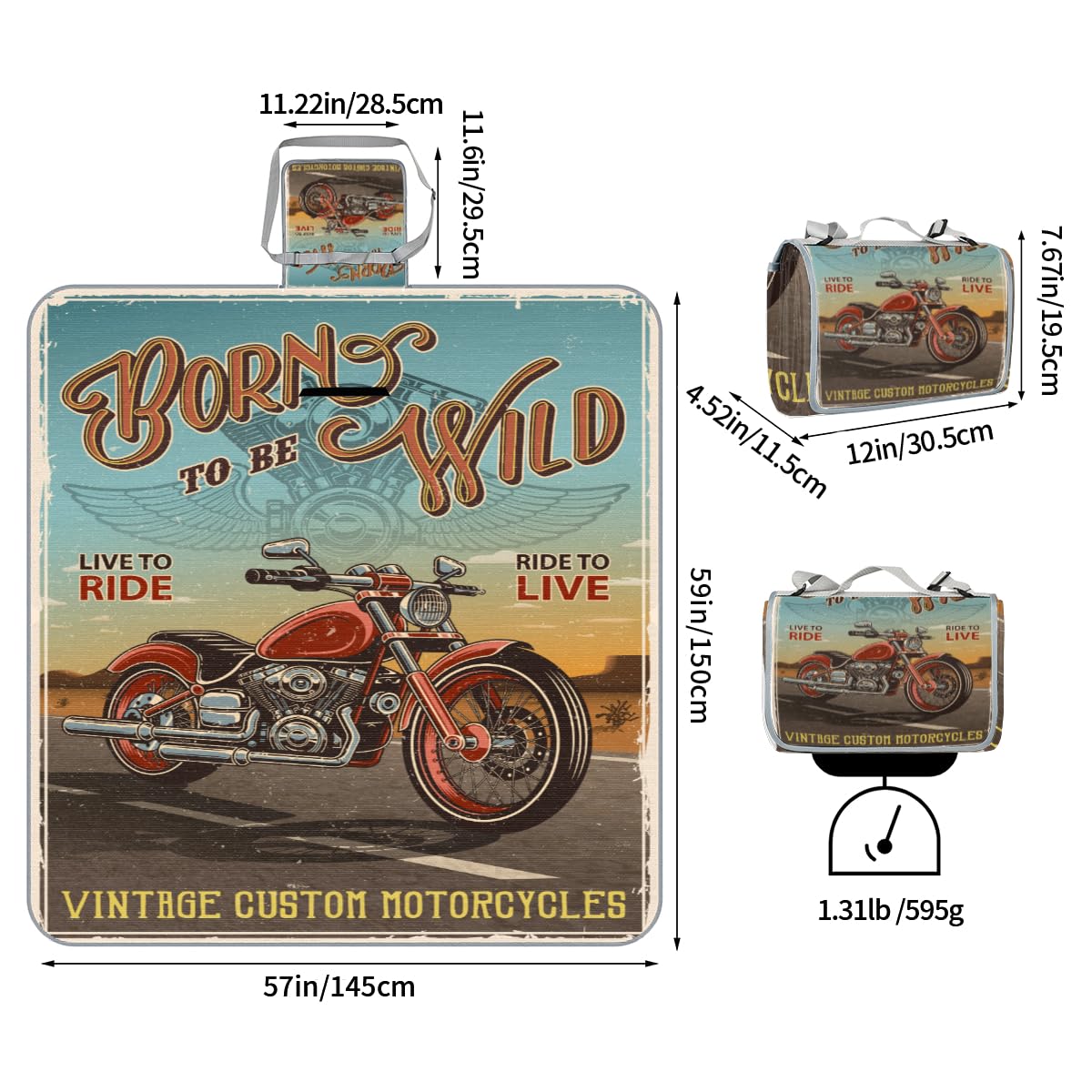 Shimoshe Picnic Blankets 57”x 59”, Vintage Motorcycle Waterproof Sandproof Picnic Mat Lightweight Foldable Beach Blanket for Camping Park Grass Beach Outdoor Blanket