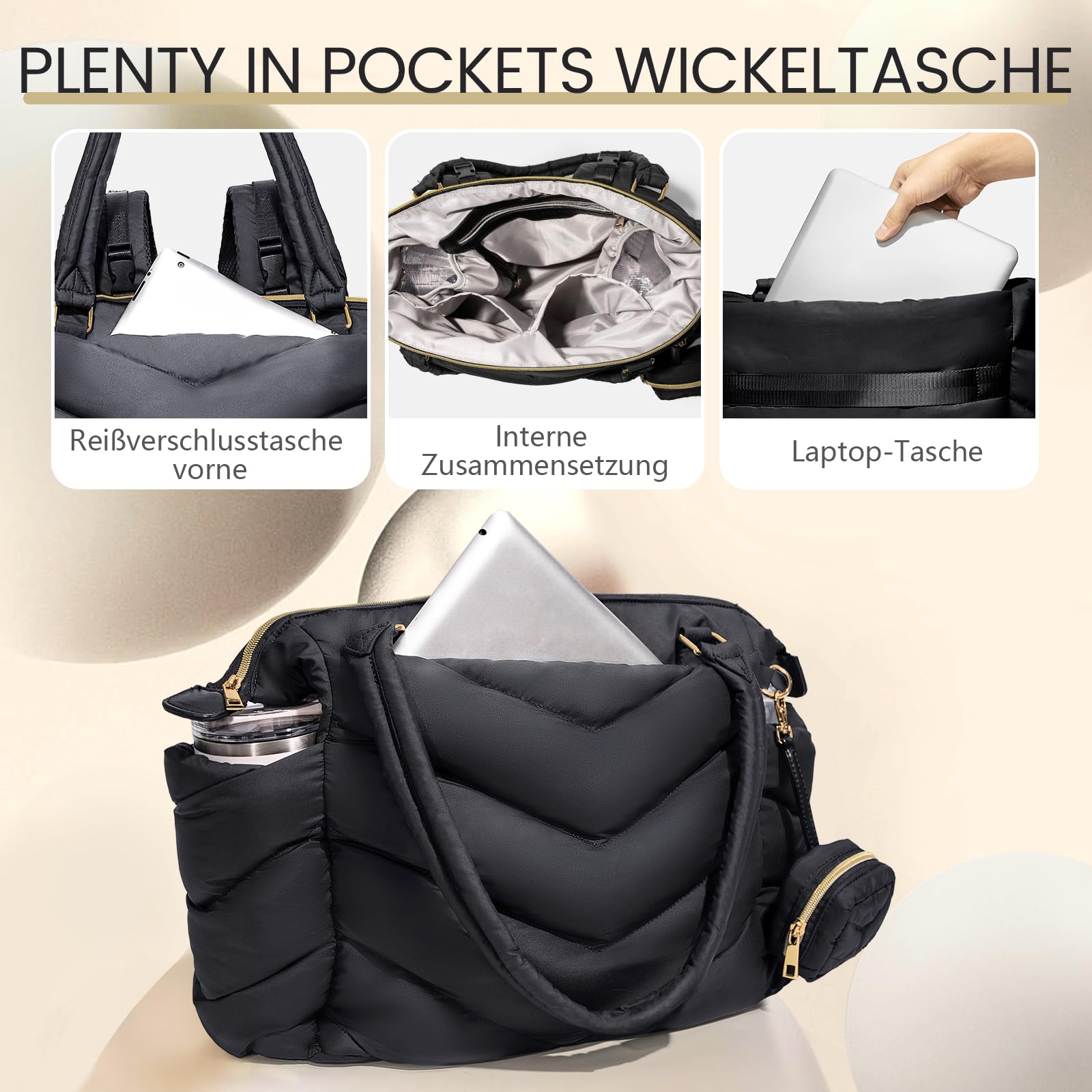MISS FONG Baby Wickeltasche Wickelrucksack Rucksack Groß, Wickeltasche Kinderwagen Puffer Rucksack Organizer mit Wickelunterlage Schnullertasche mit 10 Taschen für Mama für Unterwegs,Schwarz