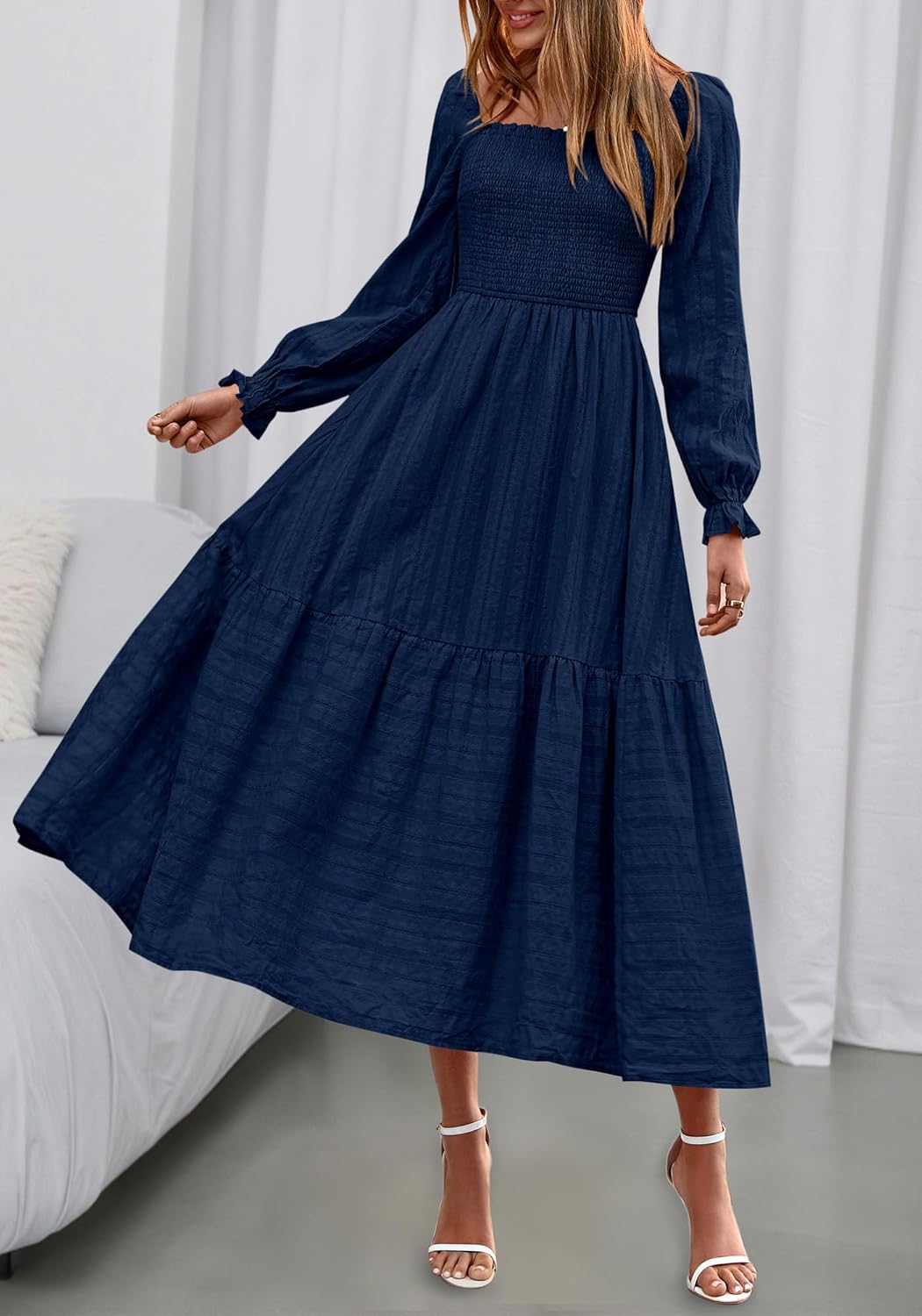 BTFBM Women Maxi Fall Dresses 2025 Long Sleeve Solid Color Square Neck Smocked Boho Long Wedding Guest Dress - Image 7