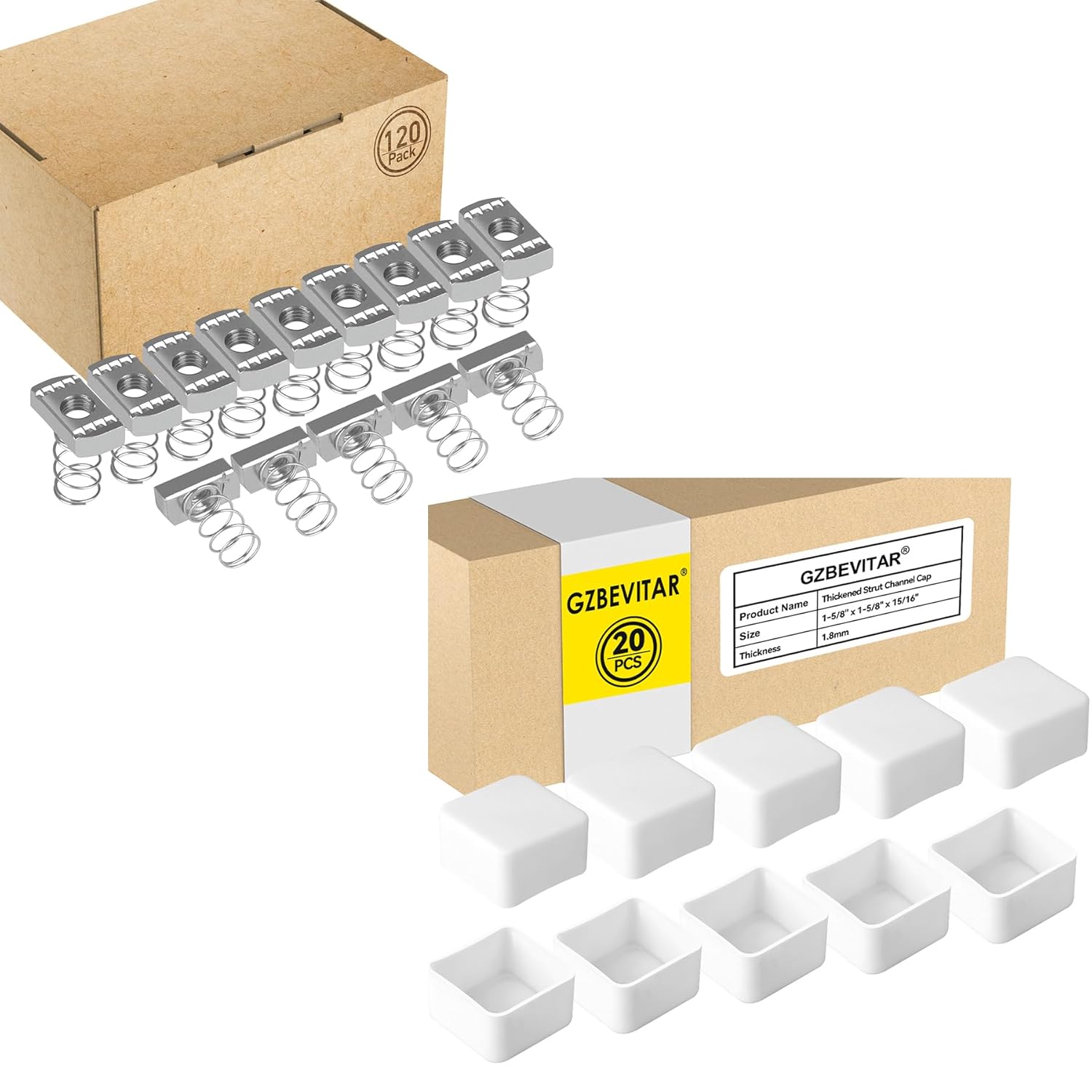 Strut Channel Nuts 1/2"-13 with Standard Spring - 120 Pcs, White Strut Channel Caps - 20 Pack